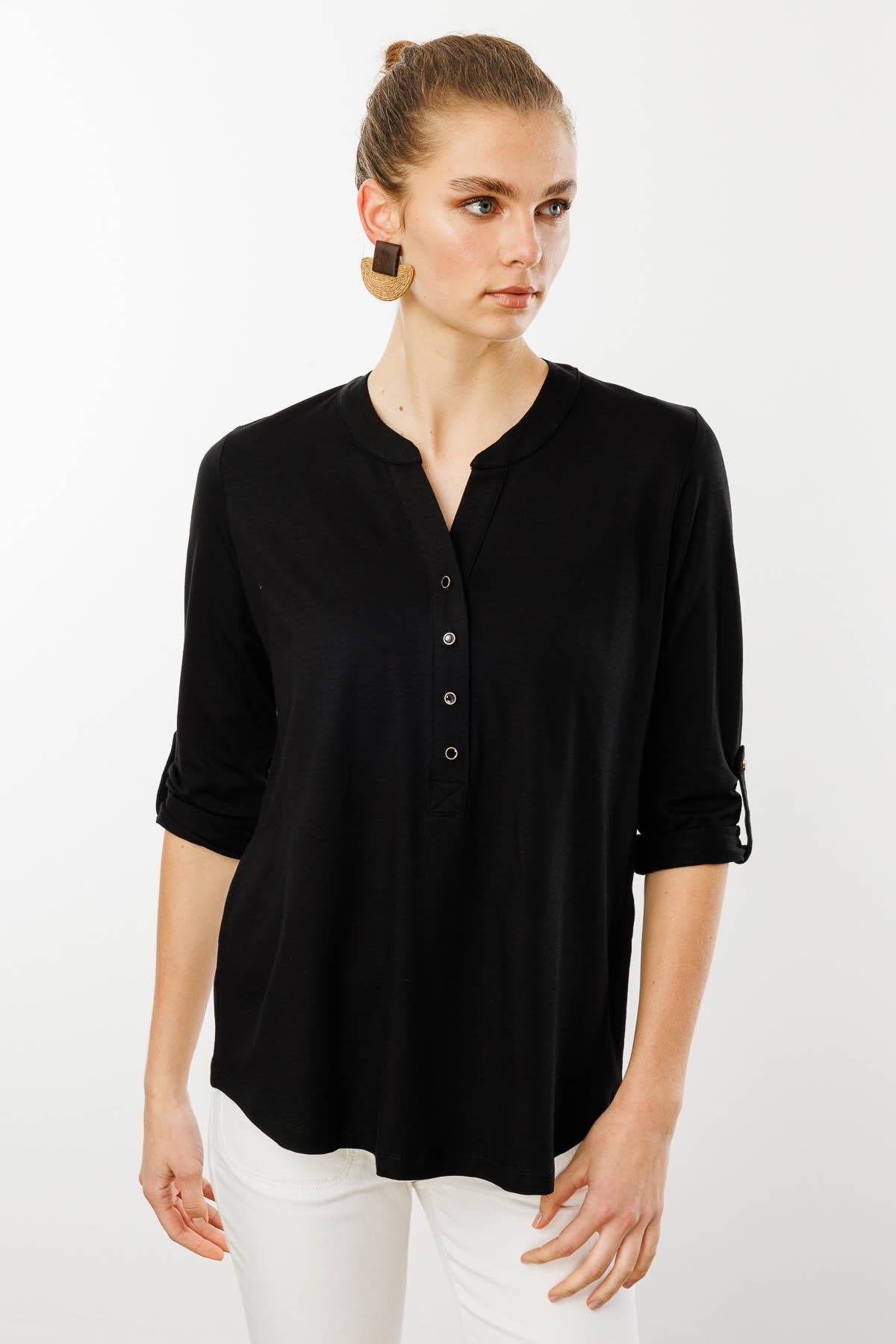 25765Kadın Açma Yaka Önü Düğmeli Gömlek Siyah