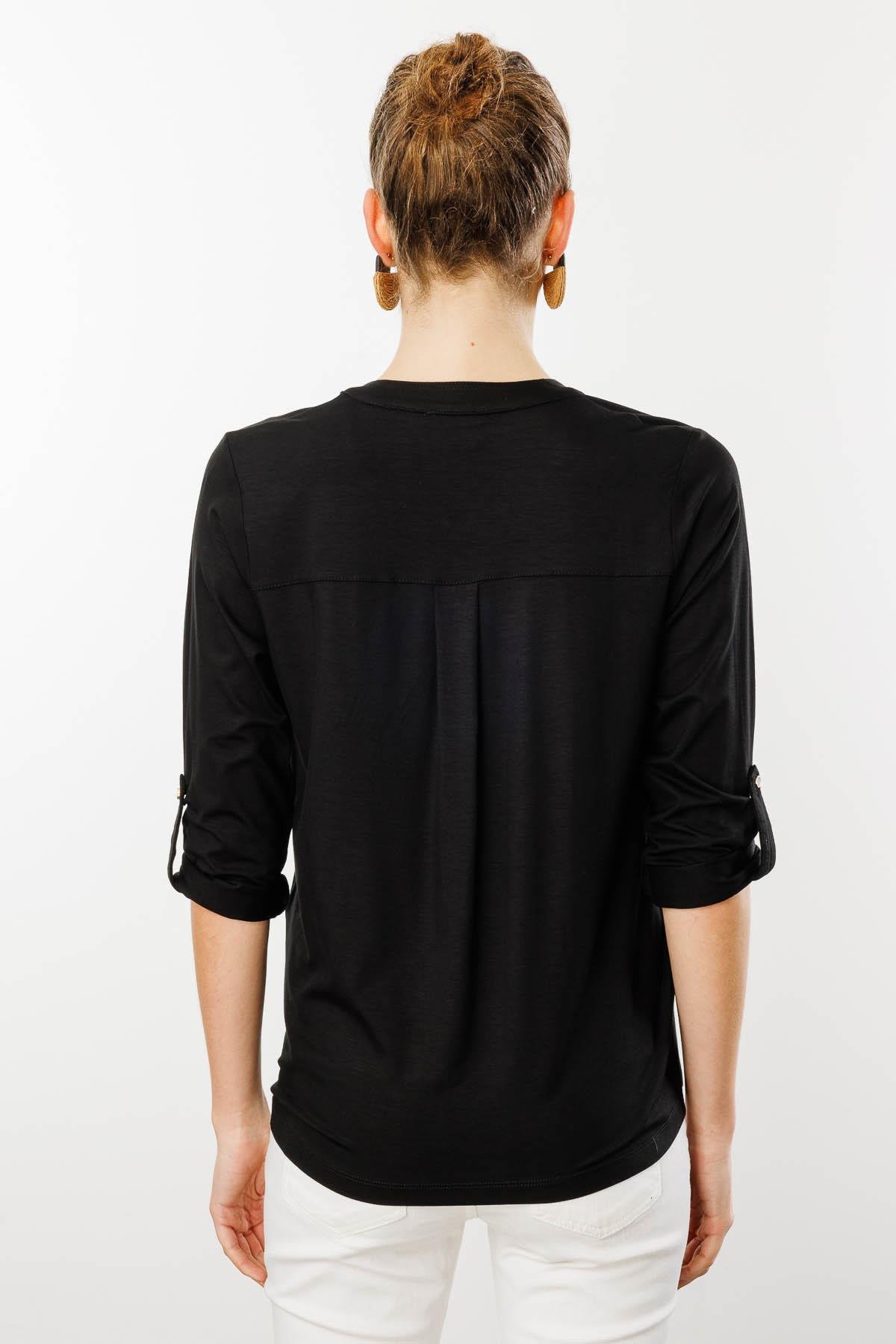 25765Kadın Açma Yaka Önü Düğmeli Gömlek Siyah