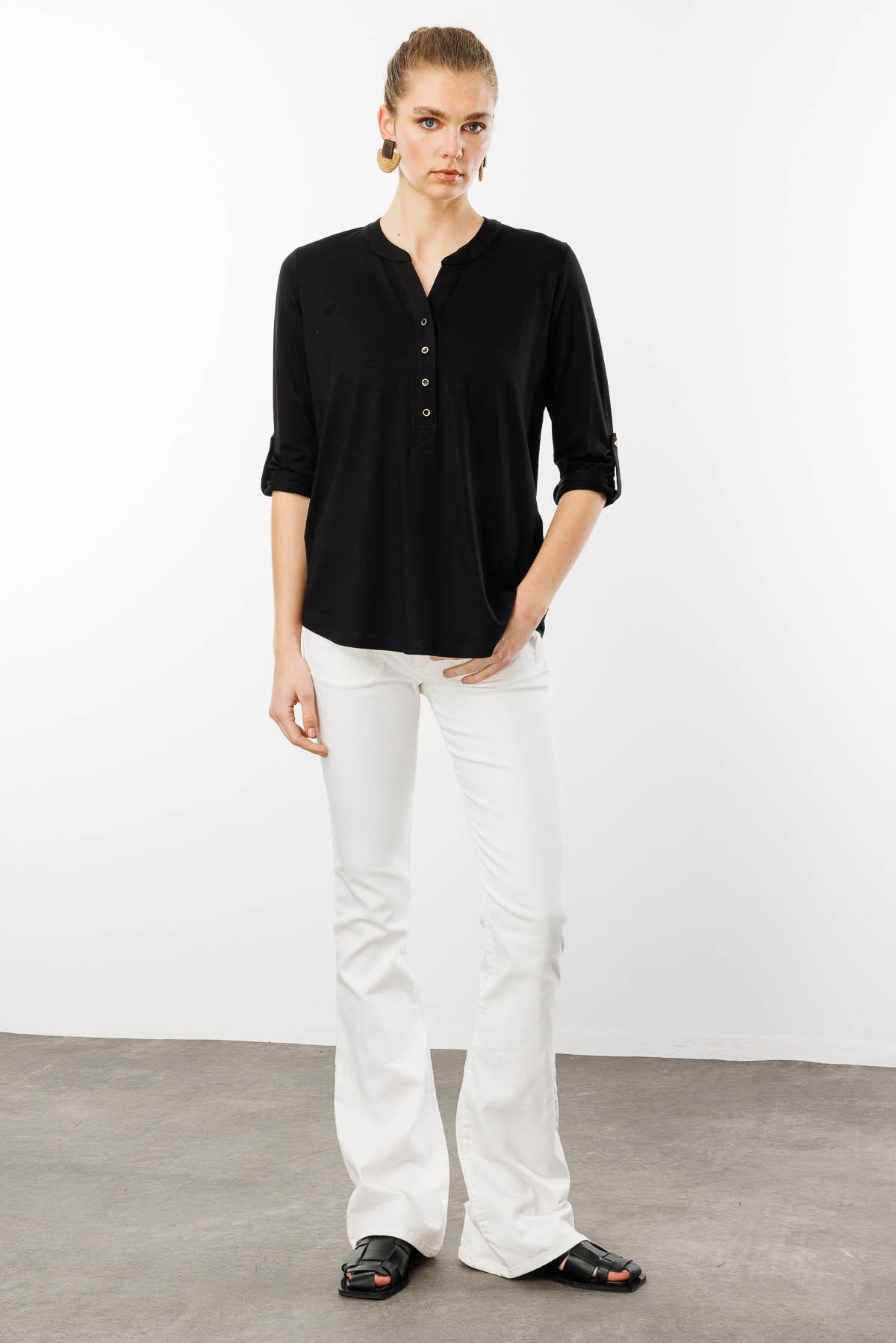 25765Kadın Açma Yaka Önü Düğmeli Gömlek Siyah