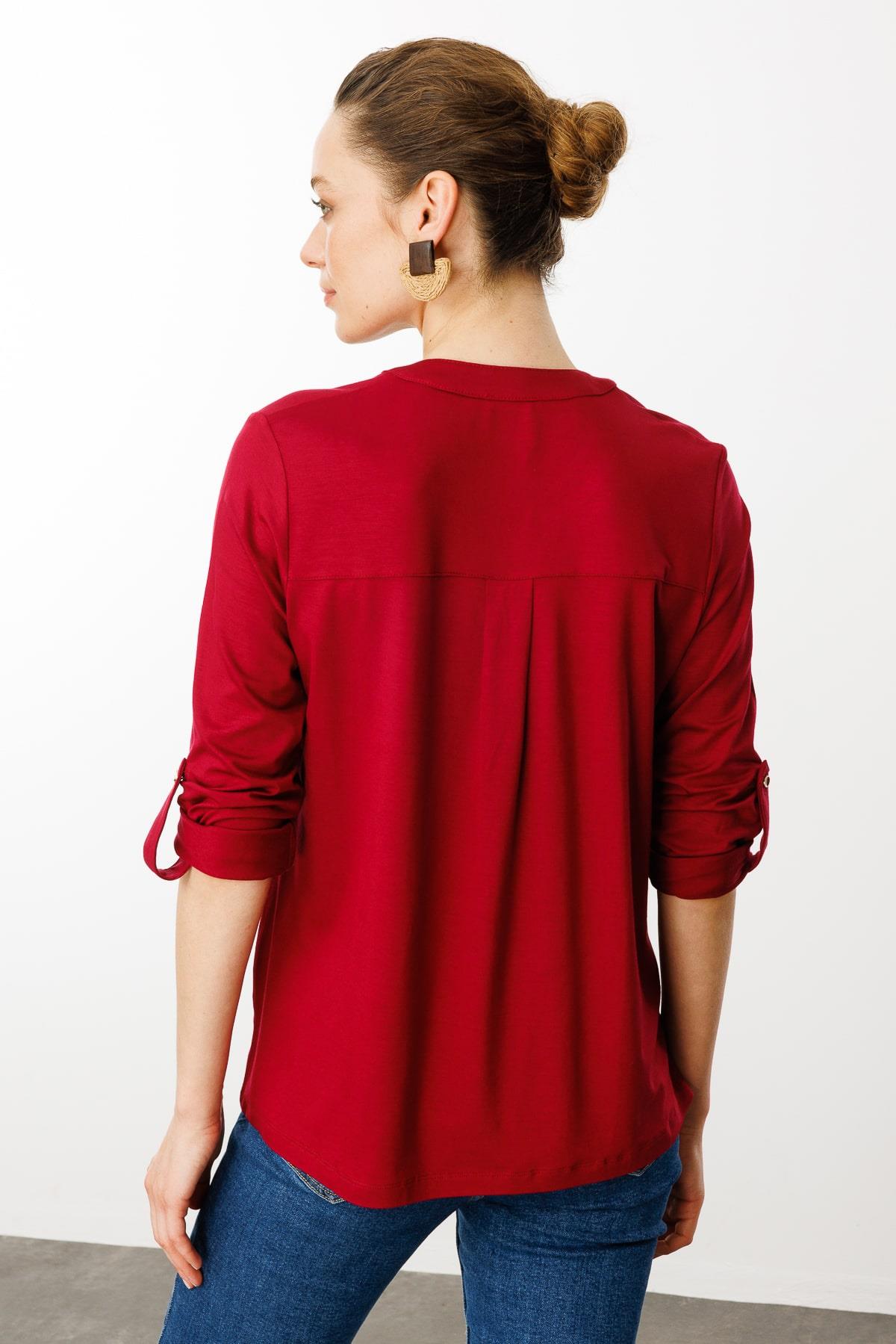 25765Kadın Açma Yaka Önü Düğmeli Gömlek Vişne