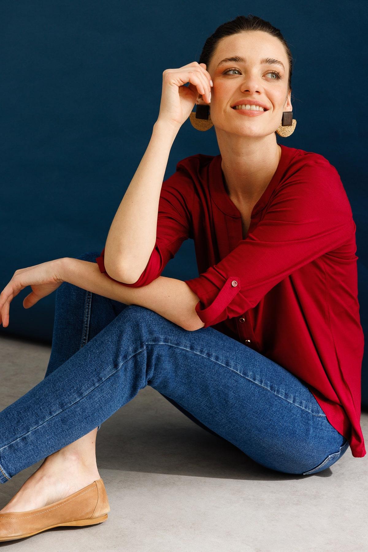 25765Kadın Açma Yaka Önü Düğmeli Gömlek Vişne