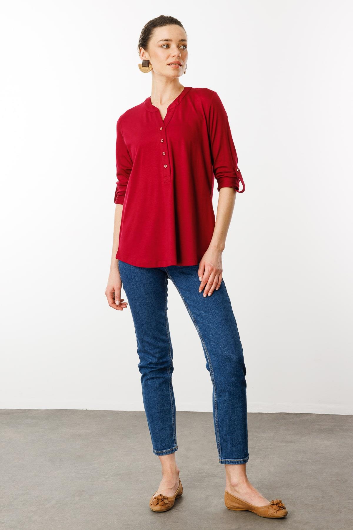 25765Kadın Açma Yaka Önü Düğmeli Gömlek Vişne