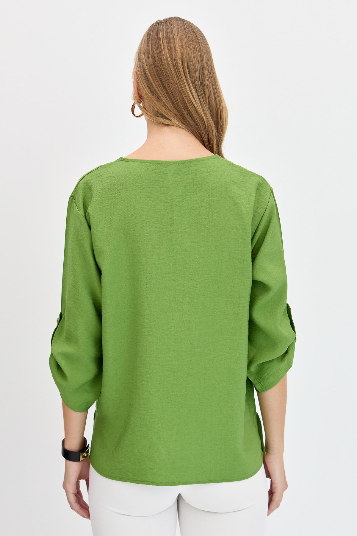 KMY24094Kadın Açma Yaka Yakası Etnik Nakışlı Gömlek Yeşil