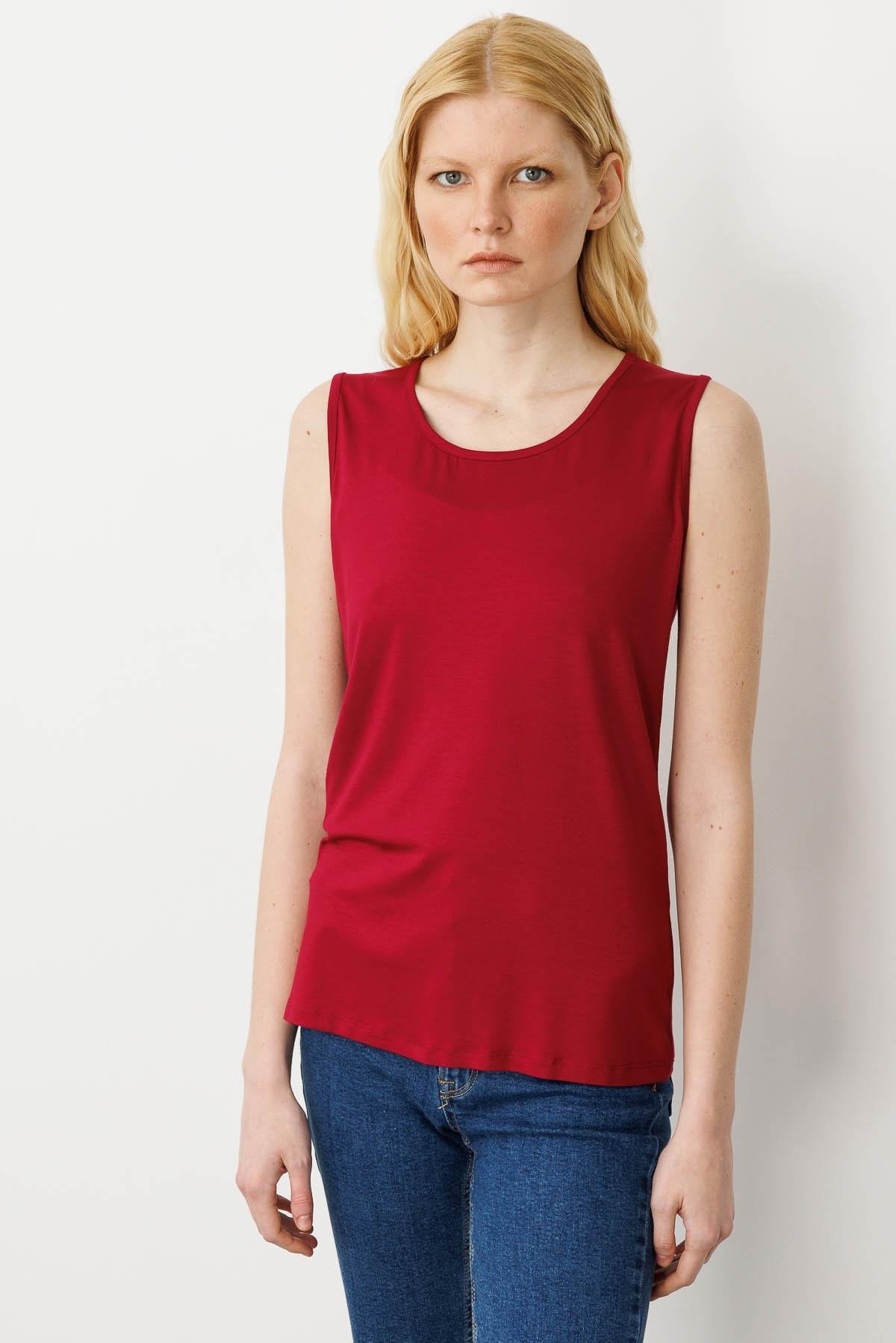 20868Kadın Askılı Penye T-shirt Bordo