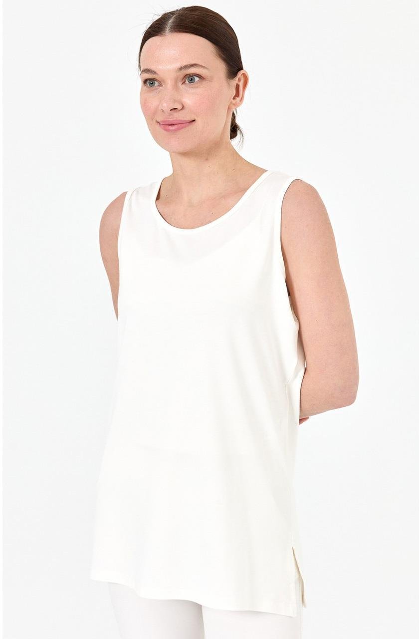 20868Kadın Askılı Penye T-shirt Ekru