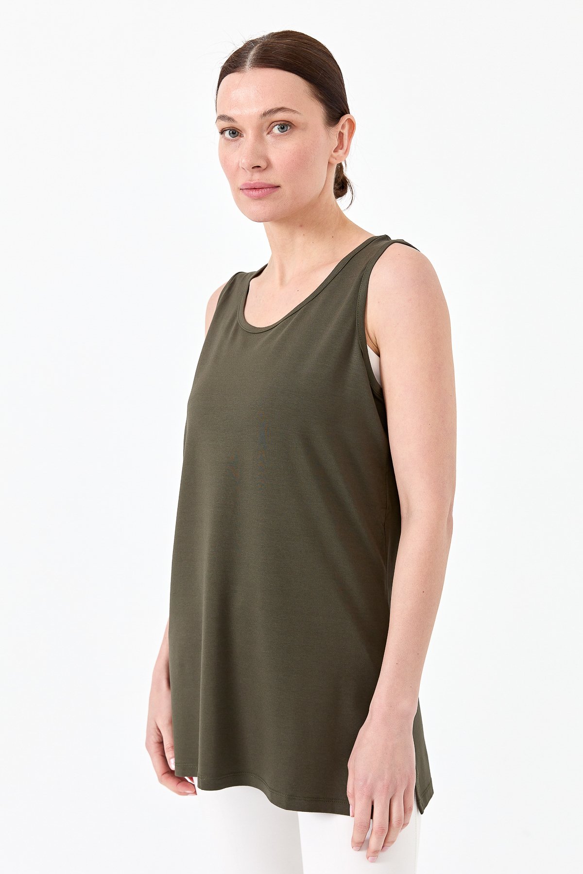 20868Kadın Askılı Penye T-shirt Haki