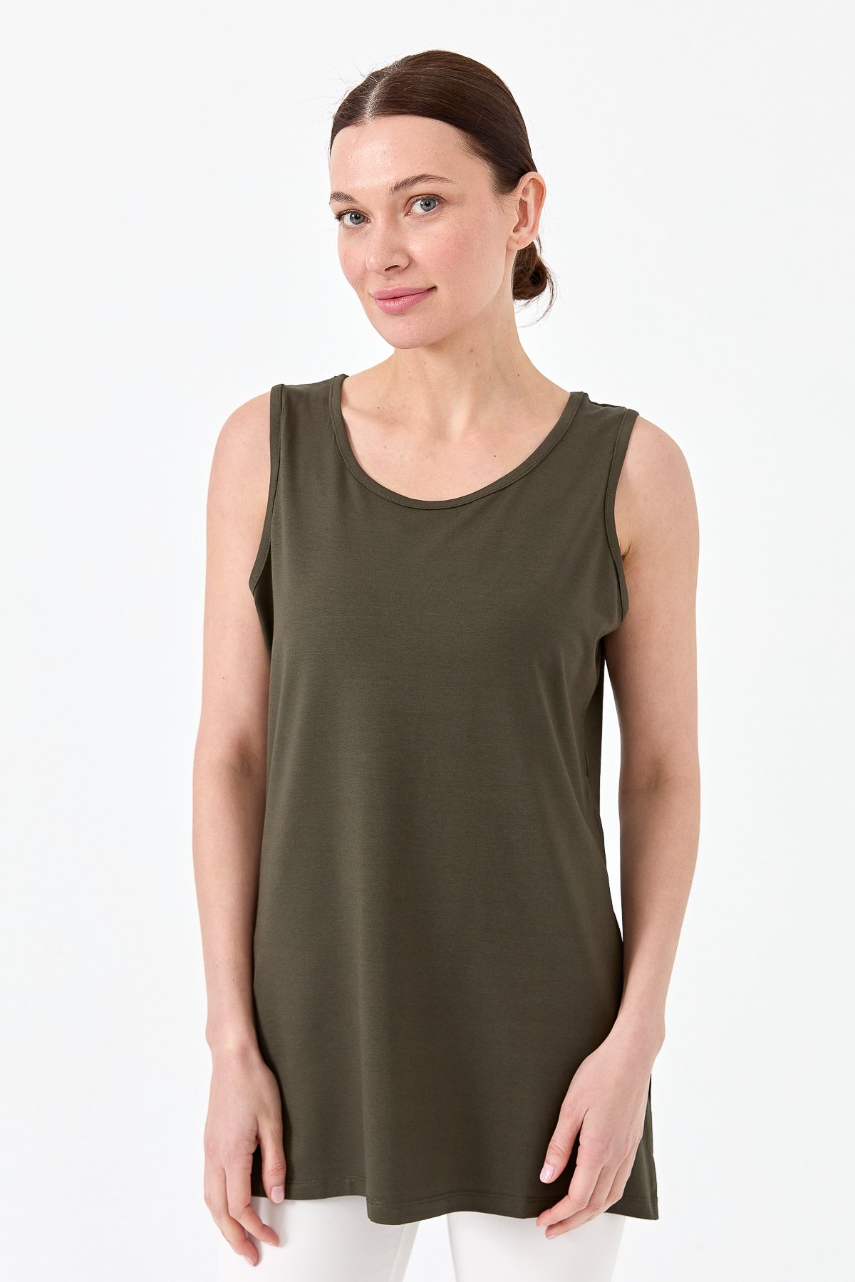 20868Kadın Askılı Penye T-shirt Haki