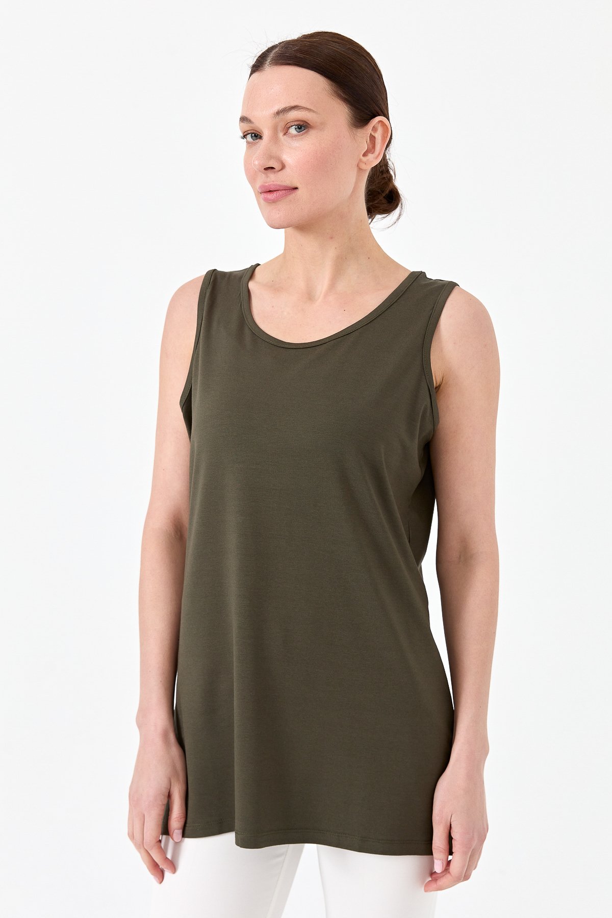 20868Kadın Askılı Penye T-shirt Haki