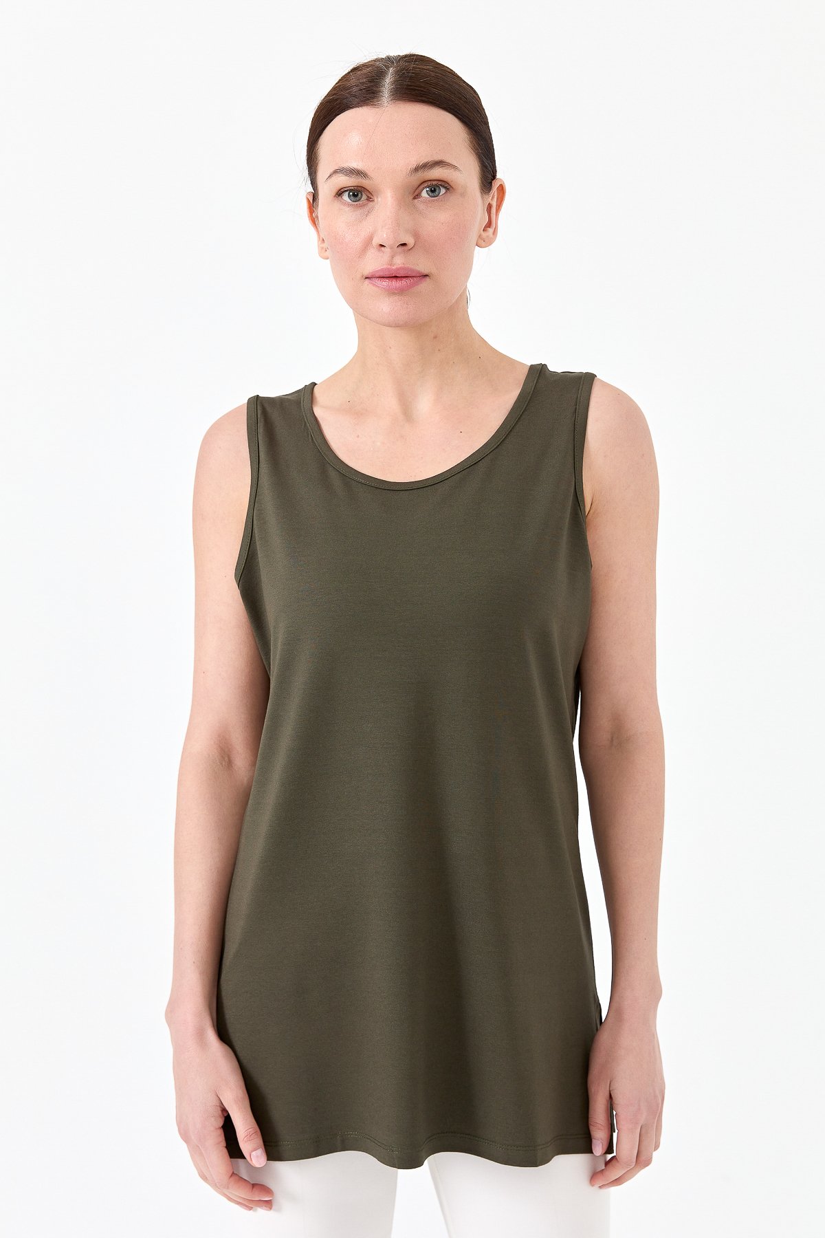 20868Kadın Askılı Penye T-shirt Haki