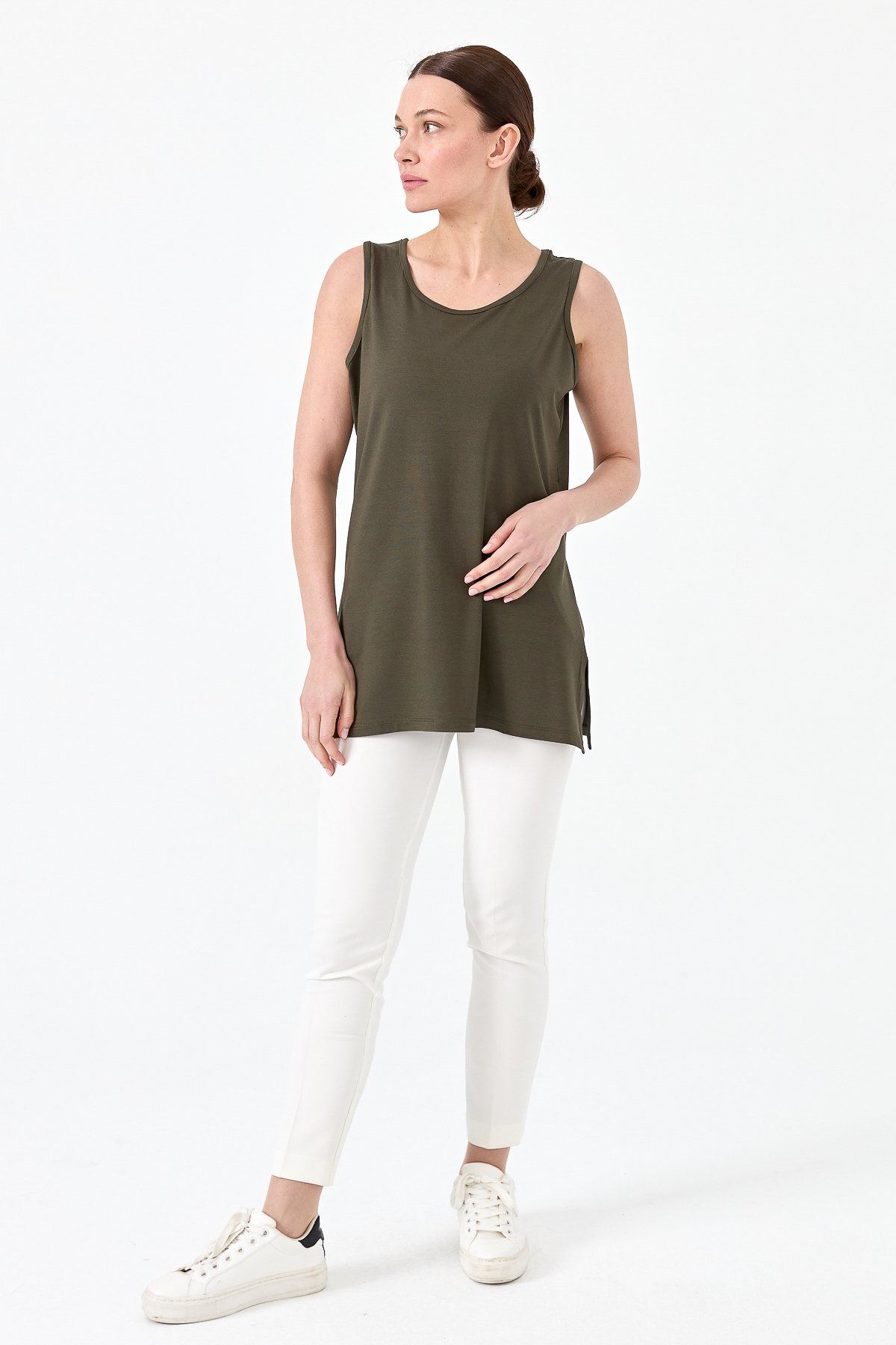 20868Kadın Askılı Penye T-shirt Haki