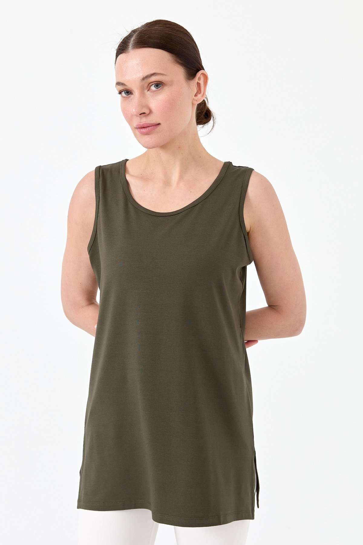 20868Kadın Askılı Penye T-shirt Haki