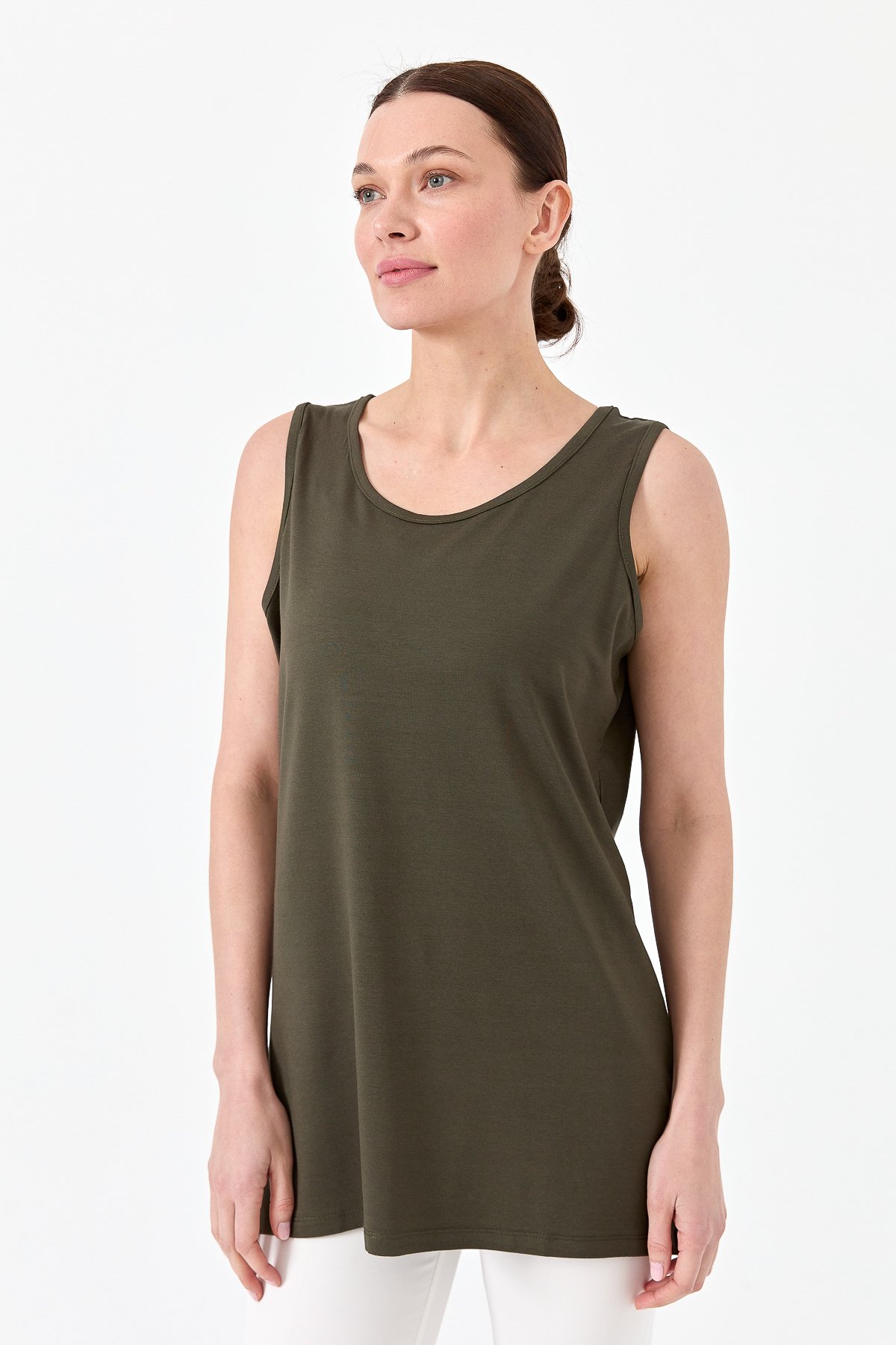 20868Kadın Askılı Penye T-shirt Haki