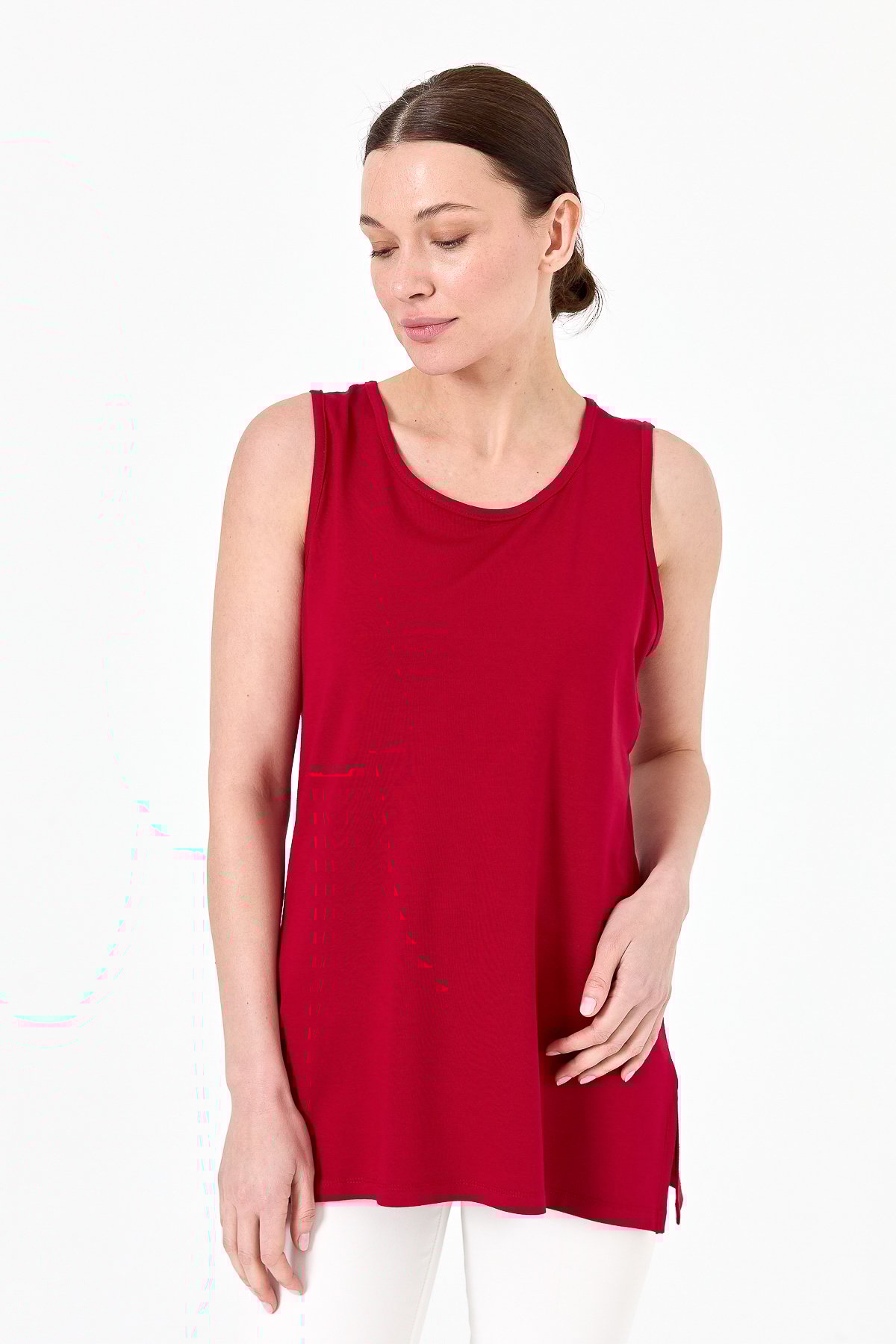 20868Kadın Askılı Penye T-shirt Kırmızı