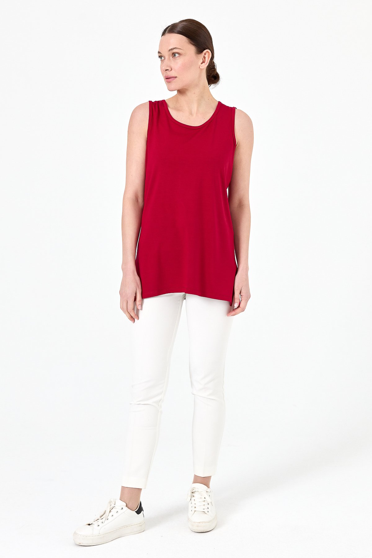 20868Kadın Askılı Penye T-shirt Kırmızı