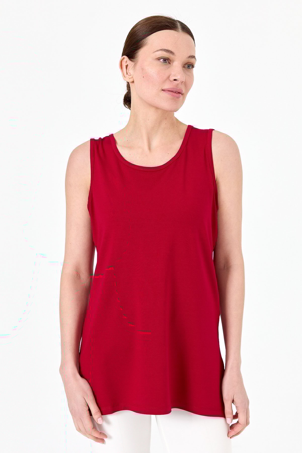 20868Kadın Askılı Penye T-shirt Kırmızı