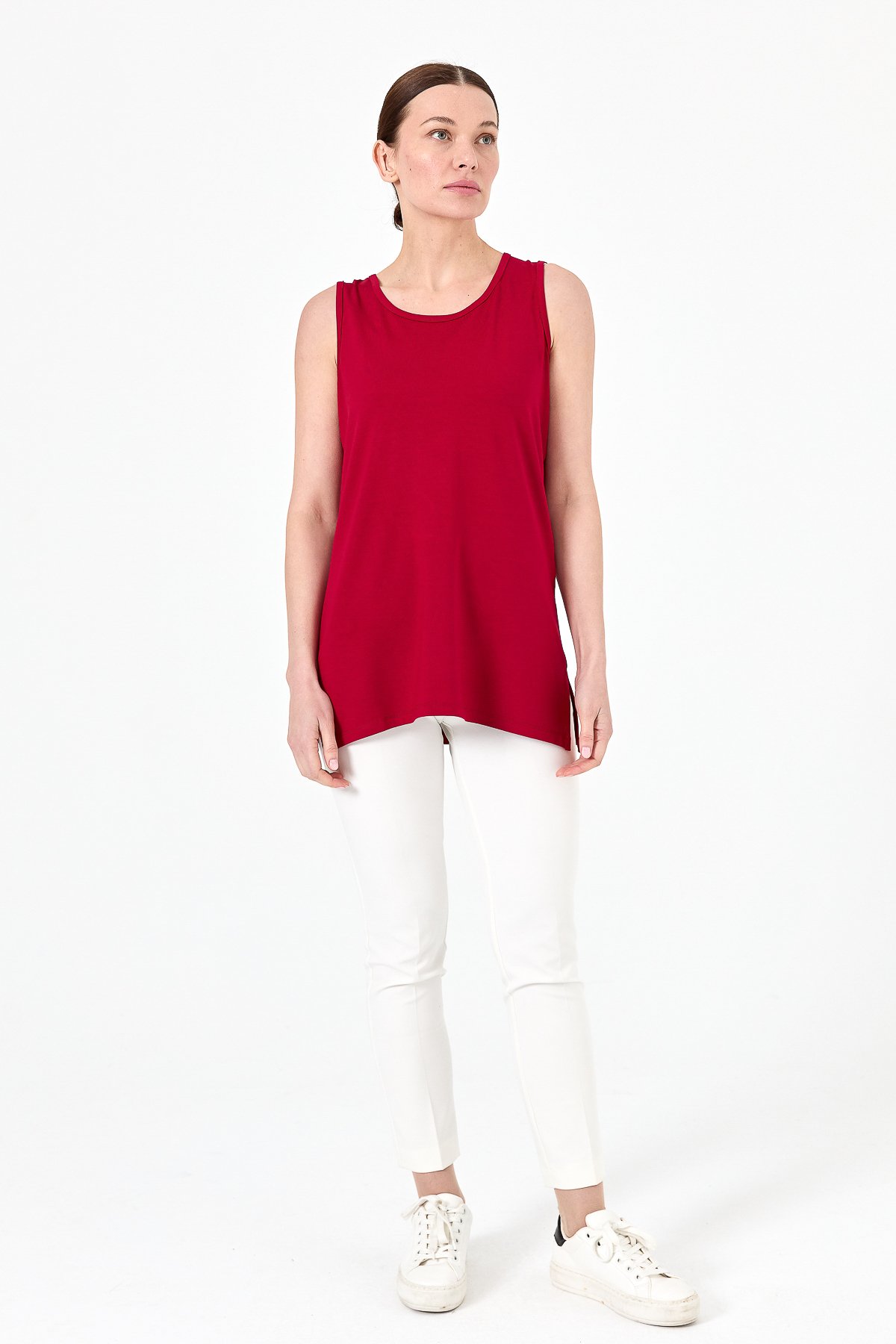 20868Kadın Askılı Penye T-shirt Kırmızı