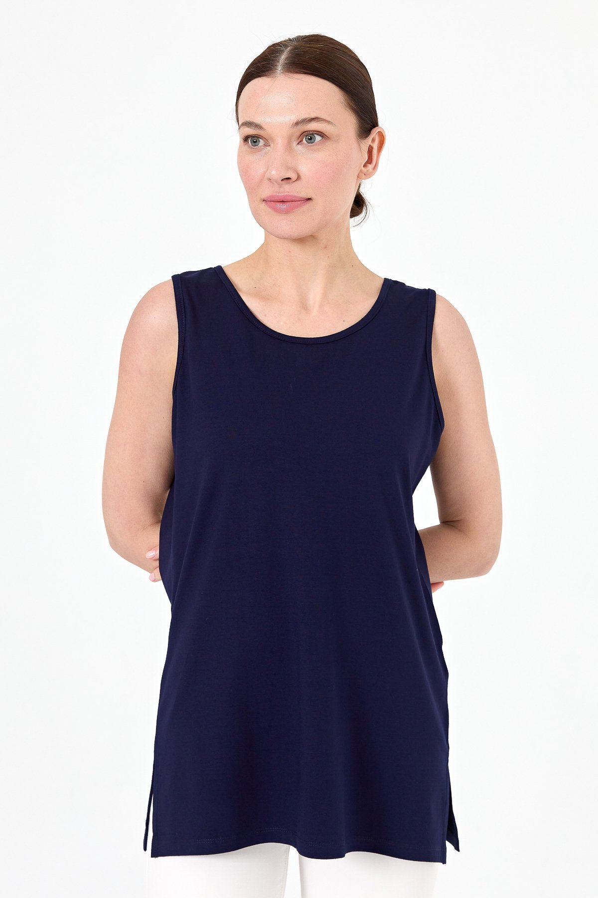 20868Kadın Askılı Penye T-shirt Lacivert