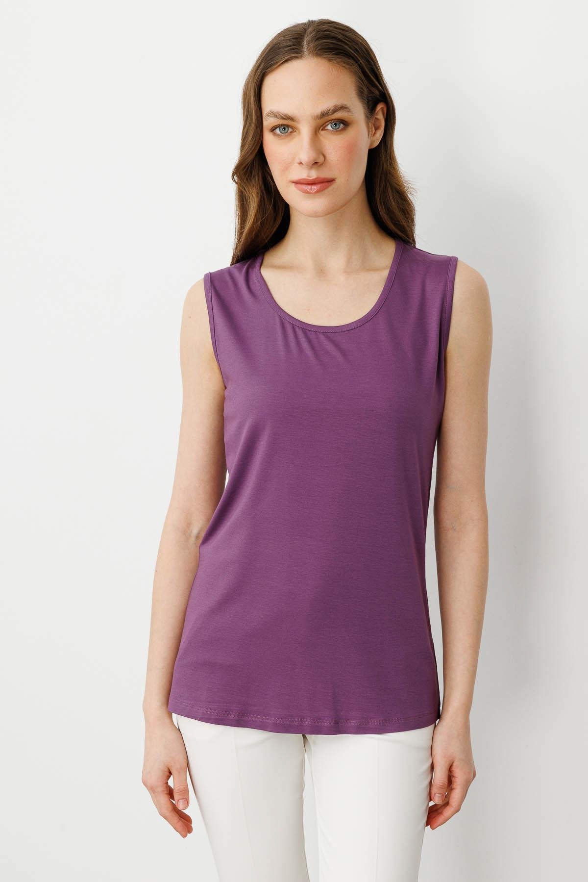 20868Kadın Askılı Penye T-shirt Lila