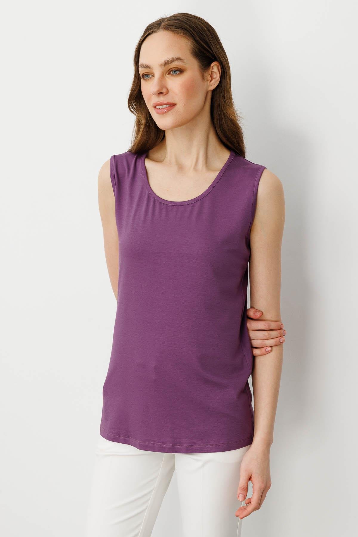 20868Kadın Askılı Penye T-shirt Lila