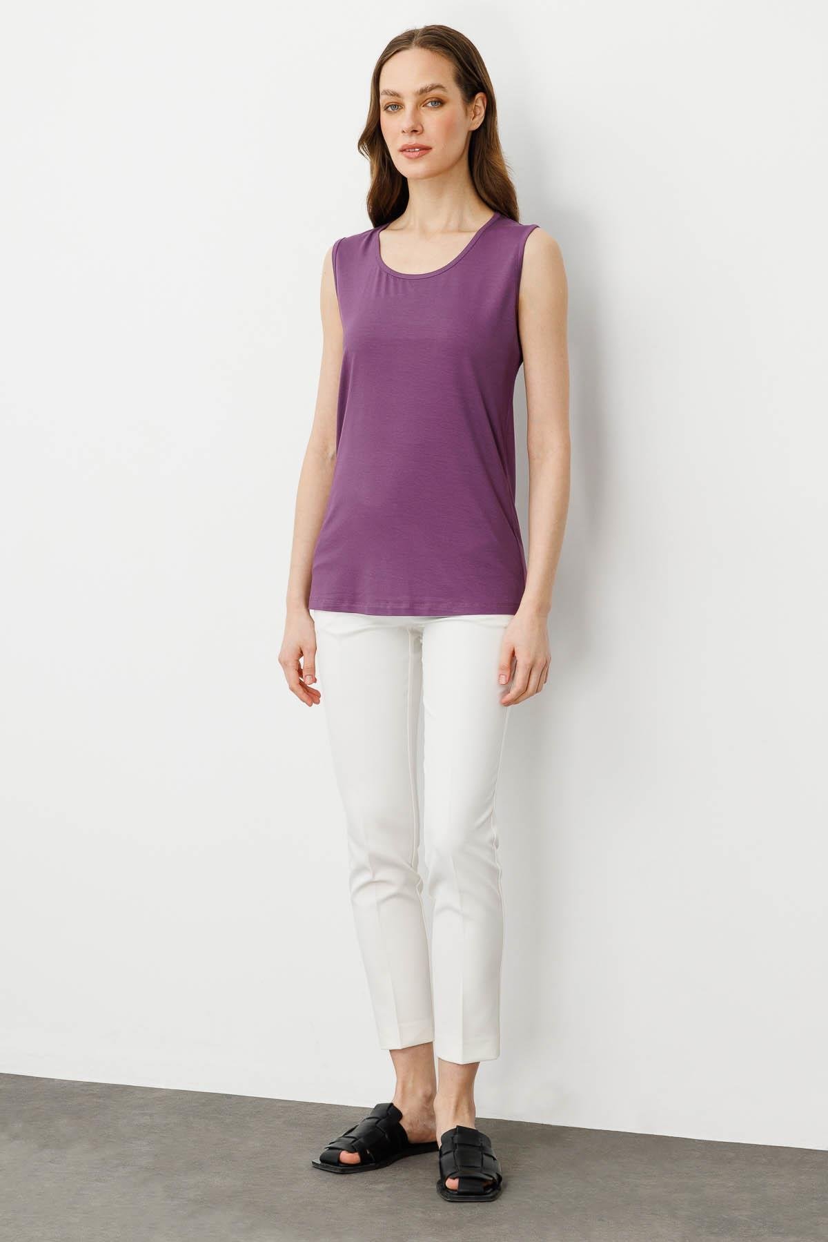 20868Kadın Askılı Penye T-shirt Lila