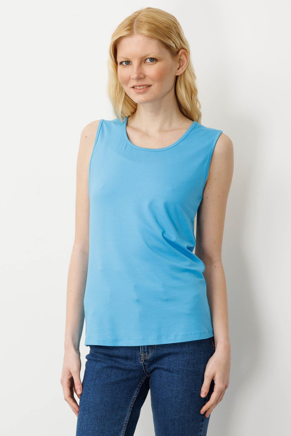 20868Kadın Askılı Penye T-shirt Mavi