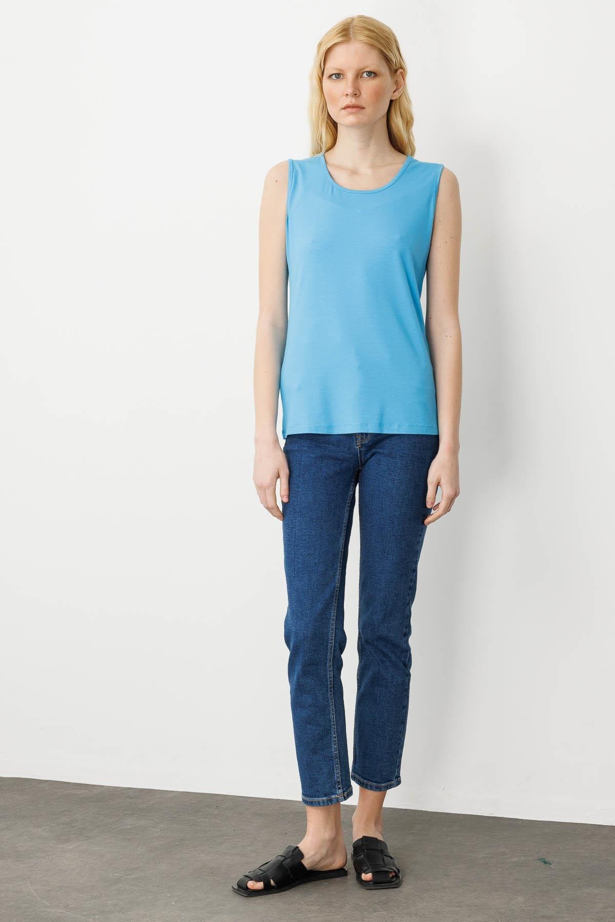 20868Kadın Askılı Penye T-shirt Mavi