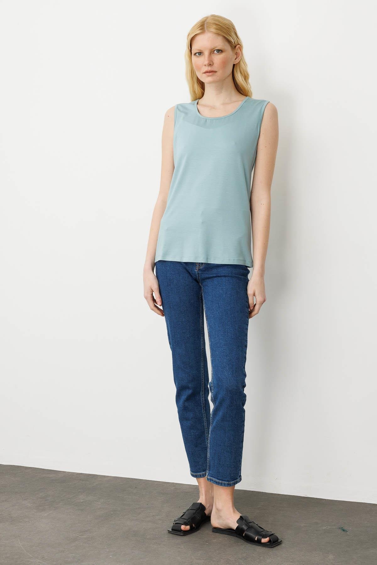 20868Kadın Askılı Penye T-shirt Mint