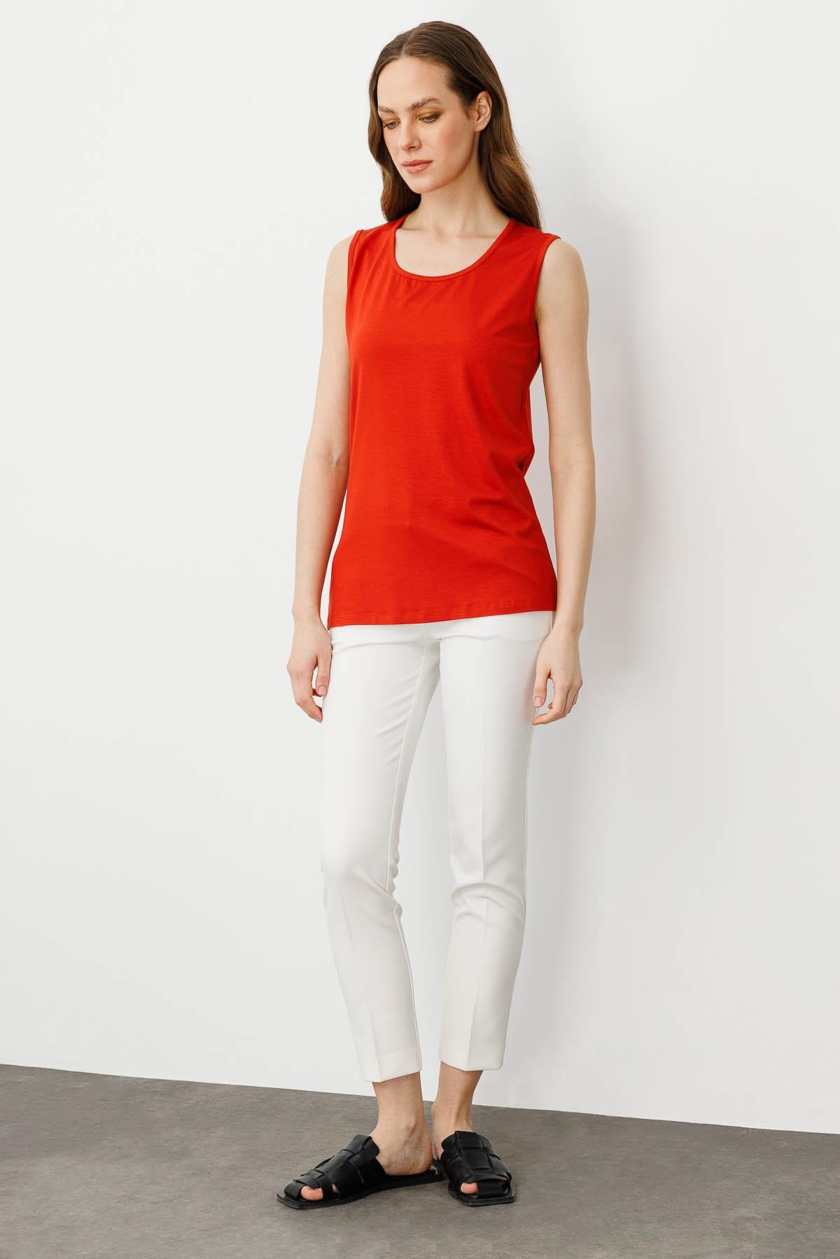 20868Kadın Askılı Penye T-shirt Oranj