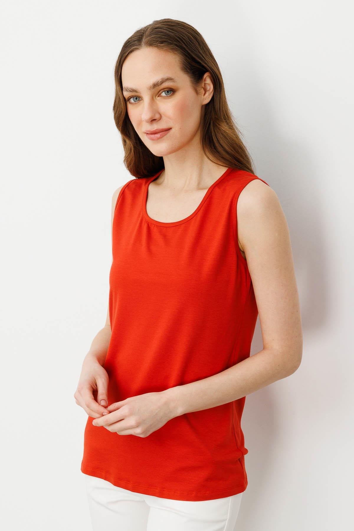 20868Kadın Askılı Penye T-shirt Oranj