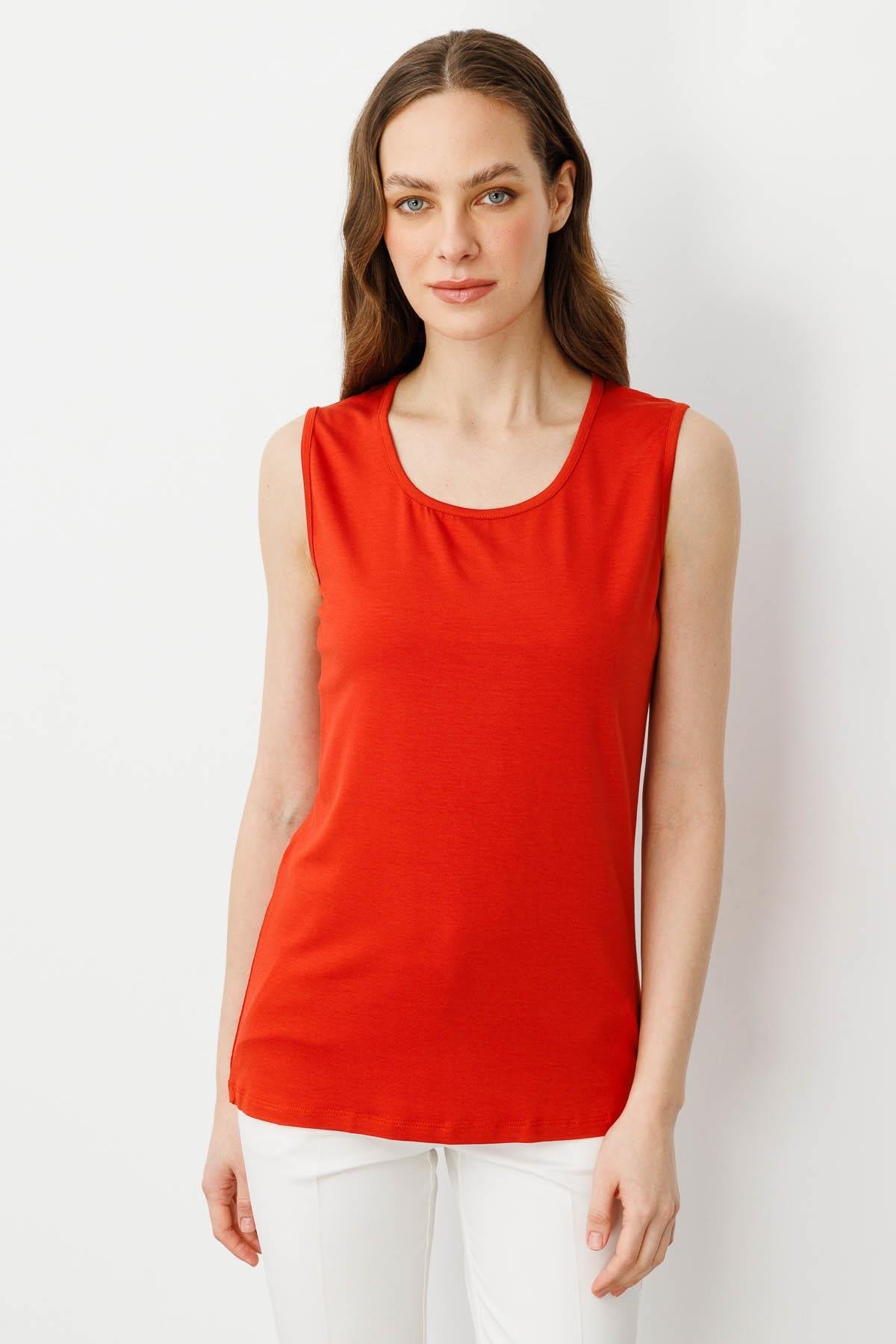 20868Kadın Askılı Penye T-shirt Oranj