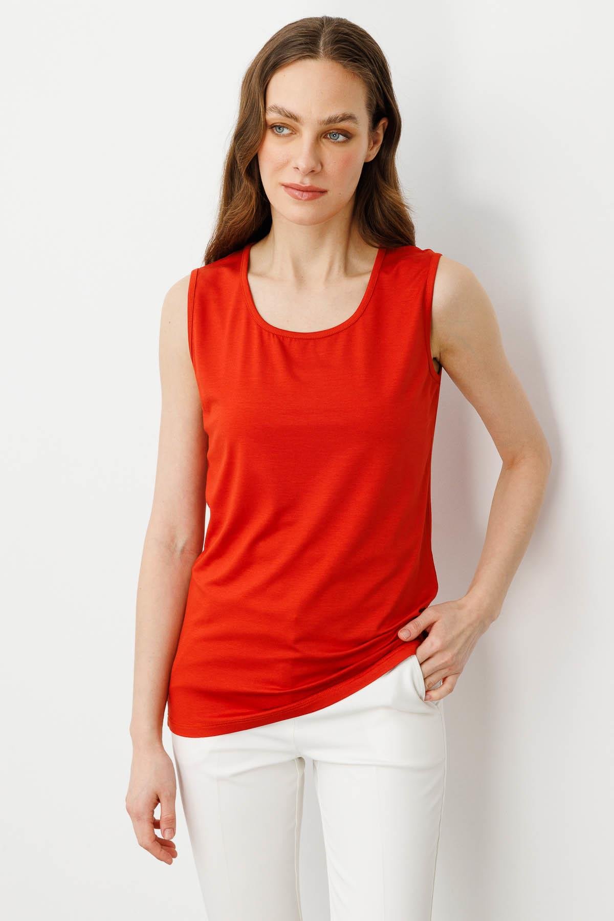 20868Kadın Askılı Penye T-shirt Oranj