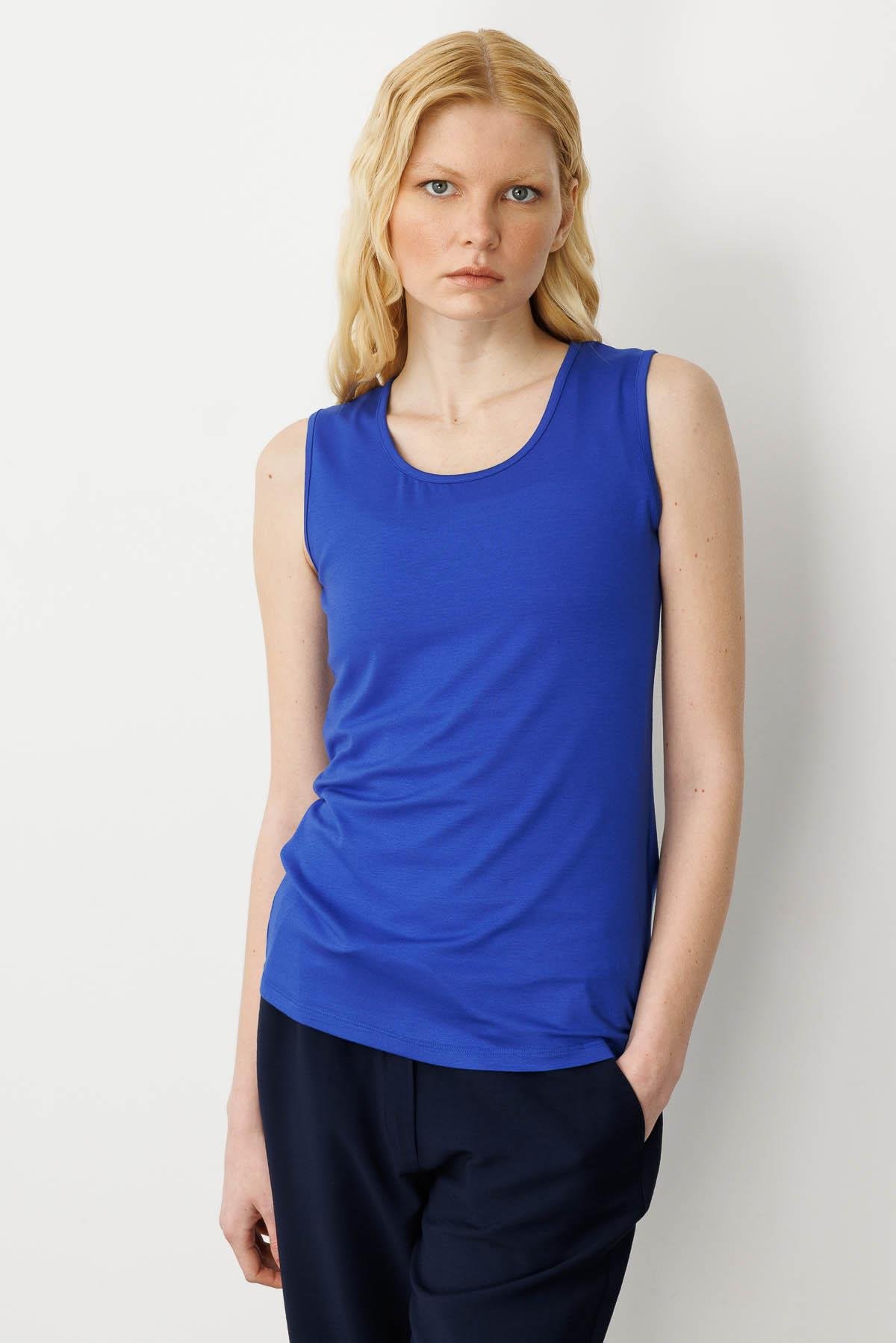 20868Kadın Askılı Penye T-shirt Saks