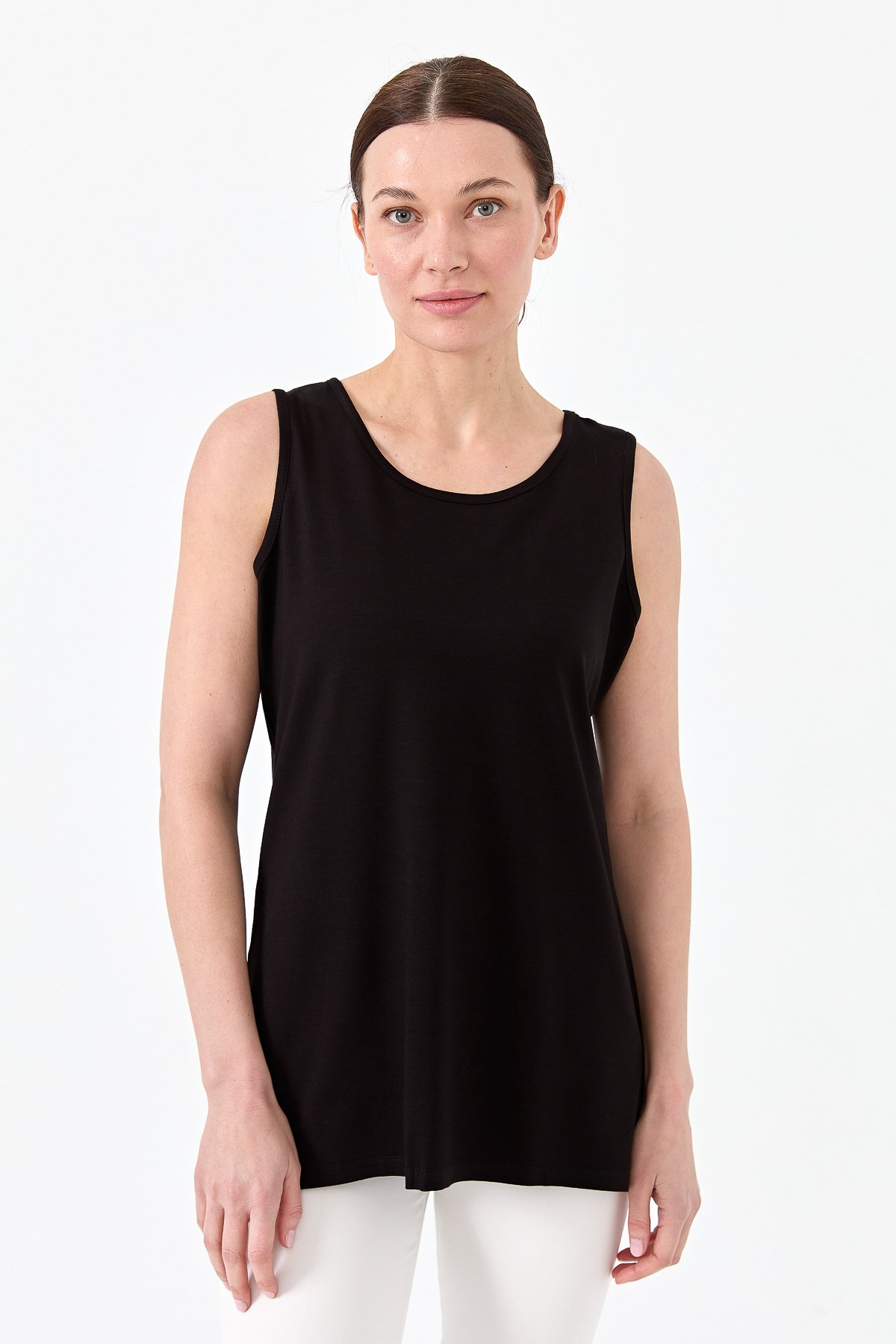 20868Kadın Askılı Penye T-shirt Siyah