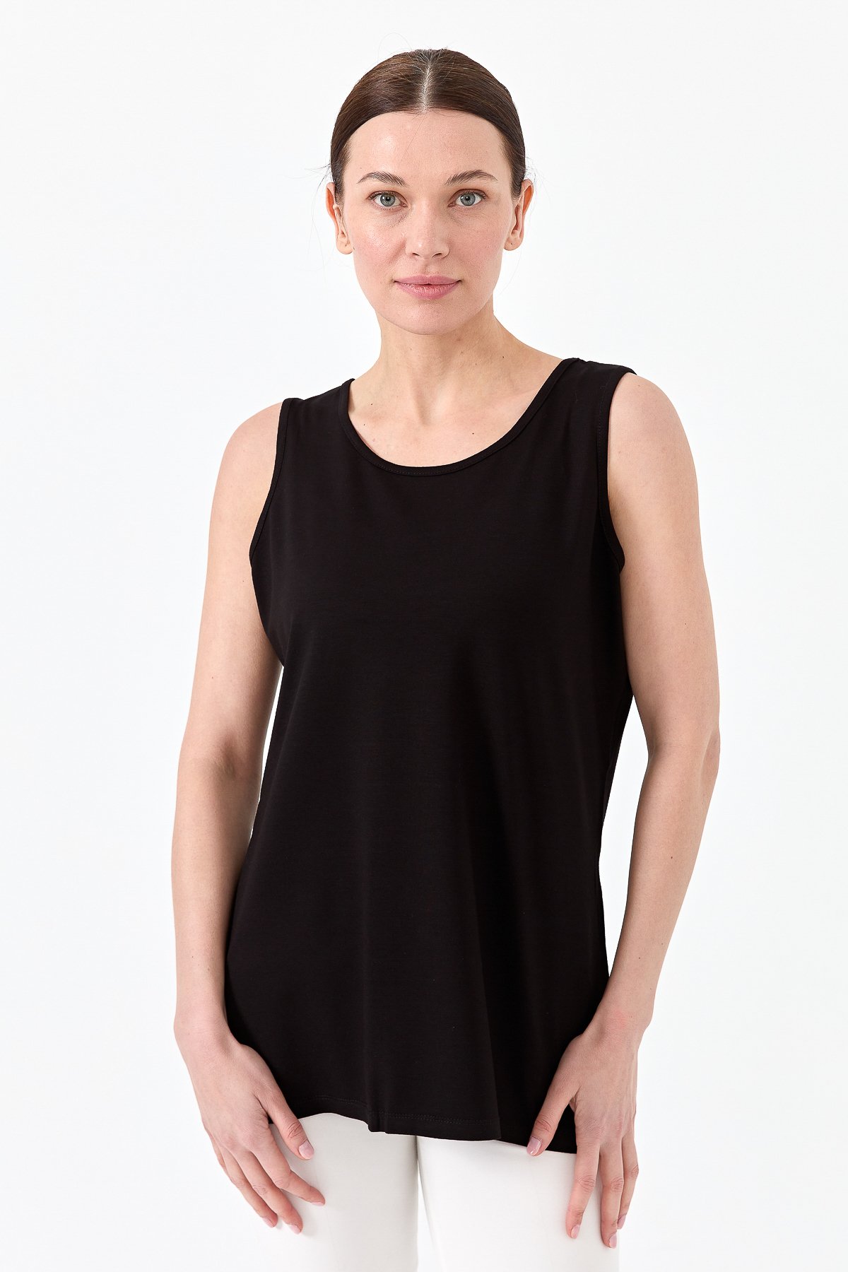 20868Kadın Askılı Penye T-shirt Siyah