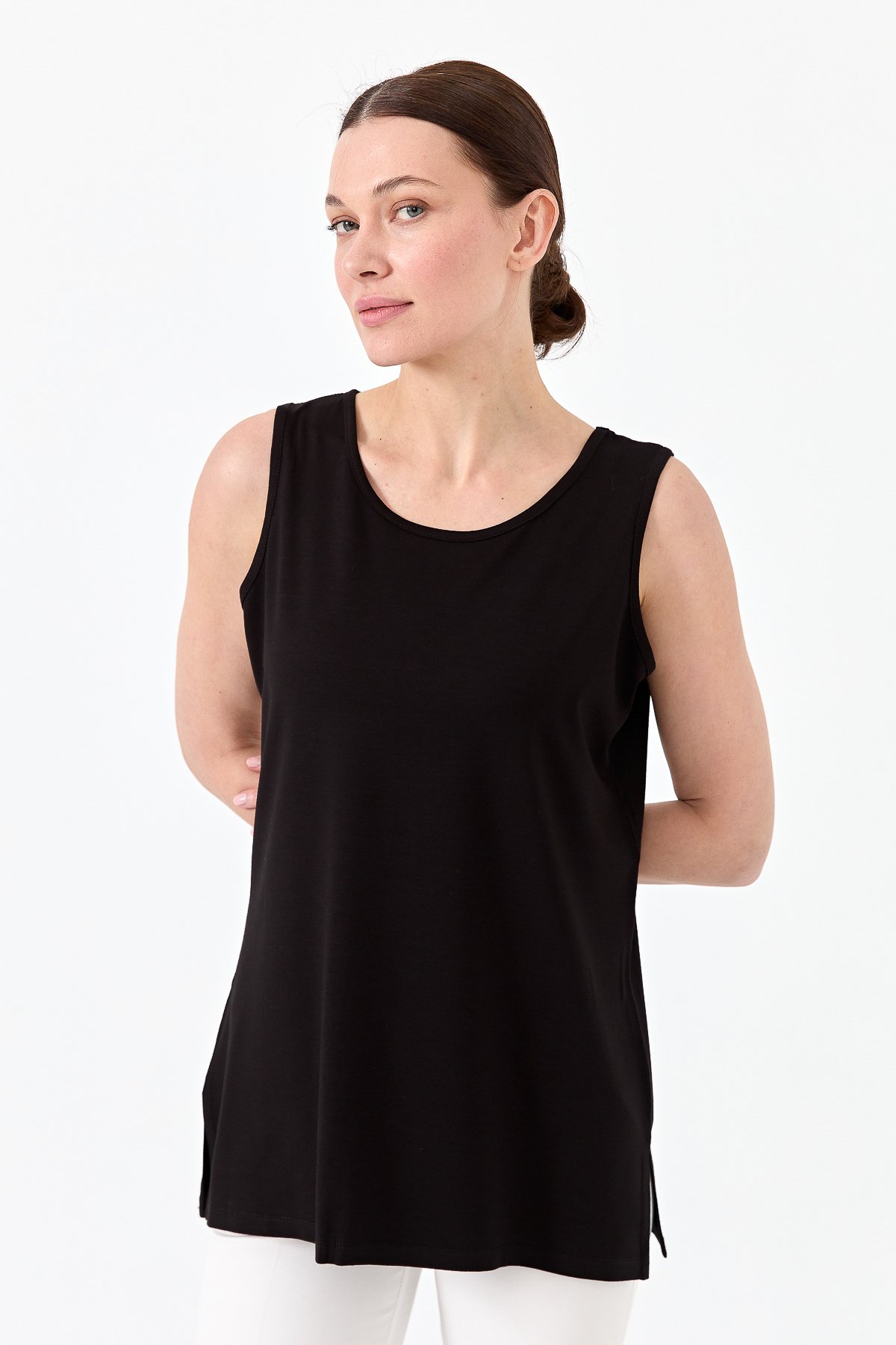 20868Kadın Askılı Penye T-shirt Siyah