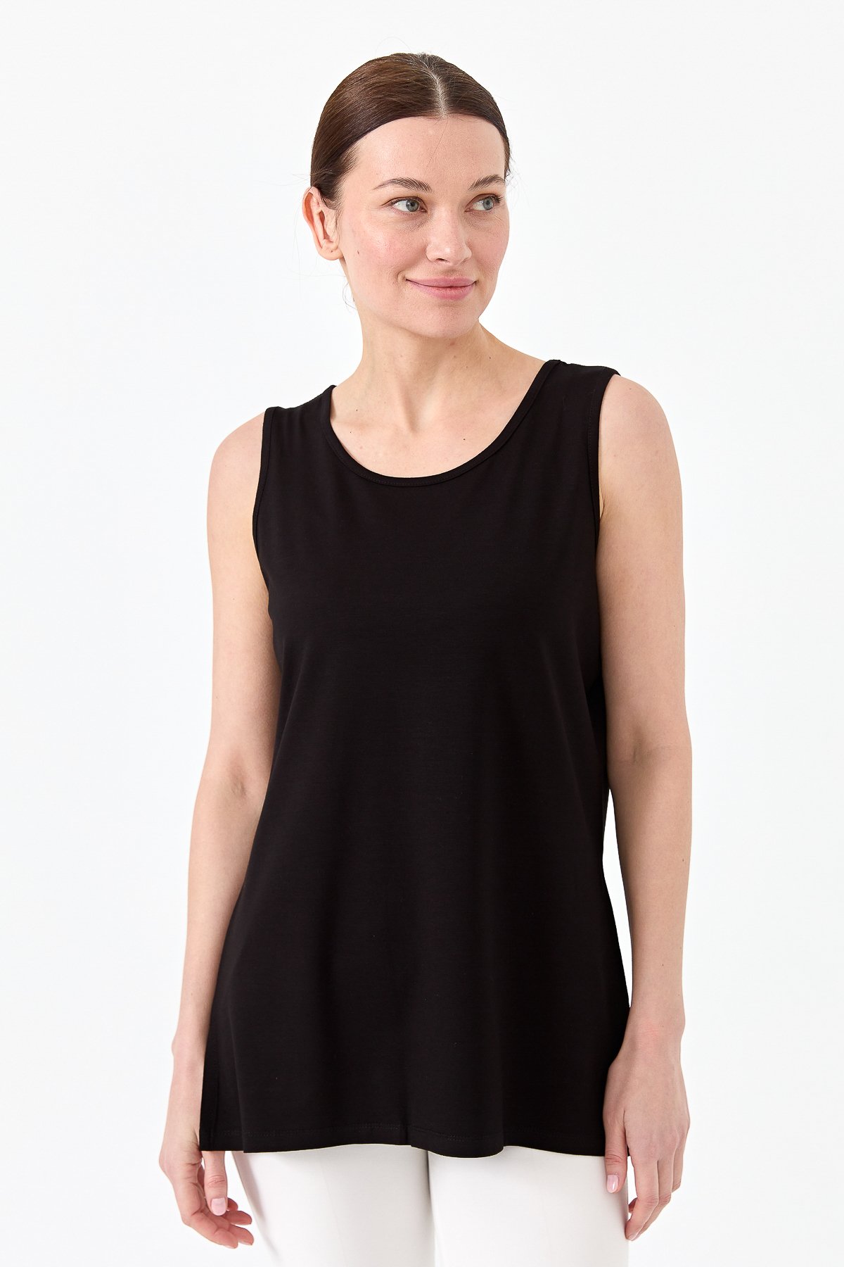 20868Kadın Askılı Penye T-shirt Siyah