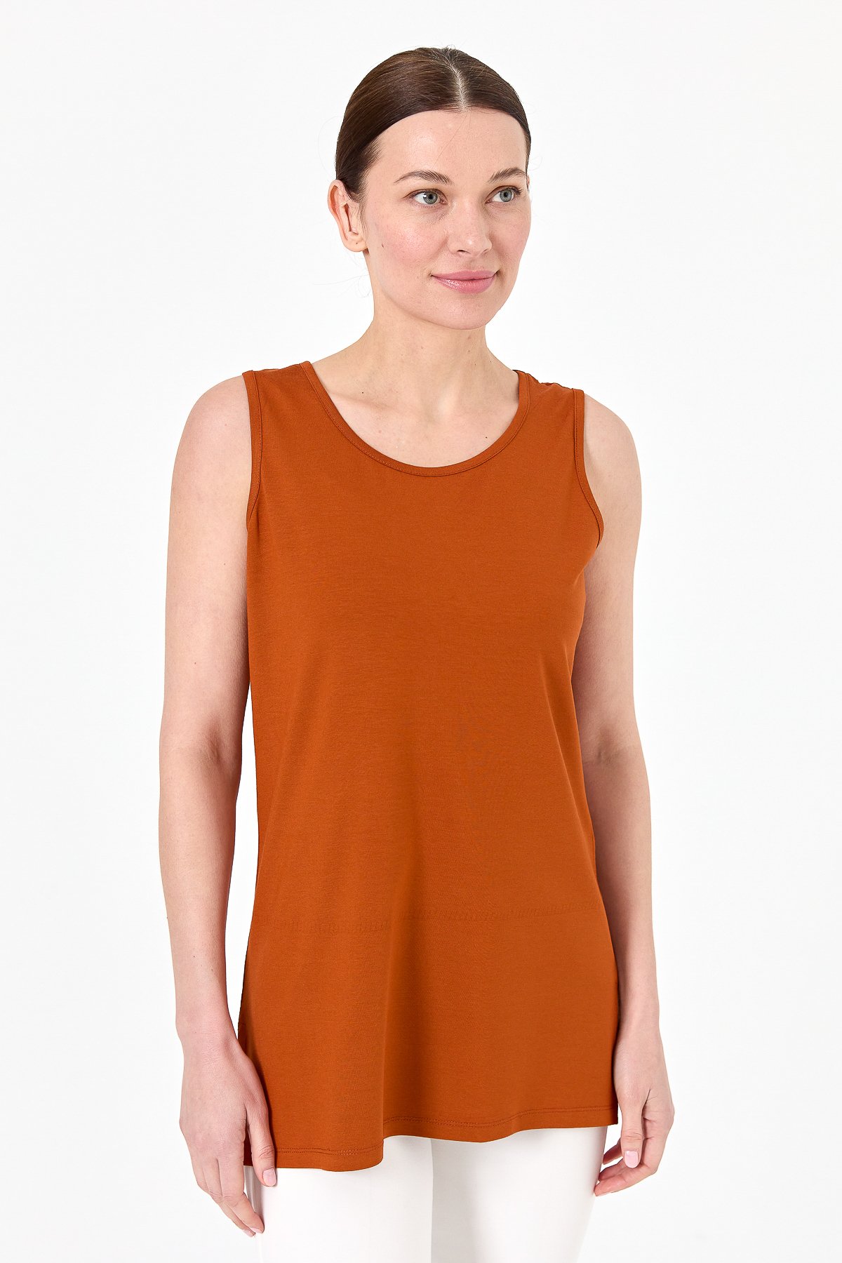 20868Kadın Askılı Penye T-shirt Taba