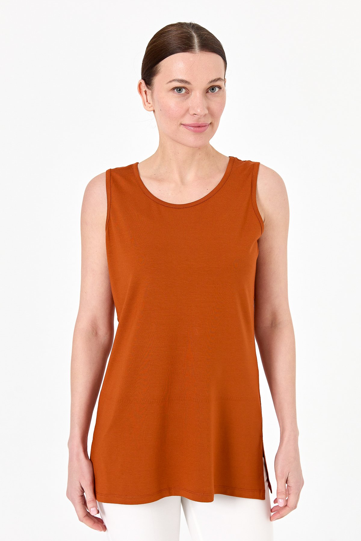 20868Kadın Askılı Penye T-shirt Taba