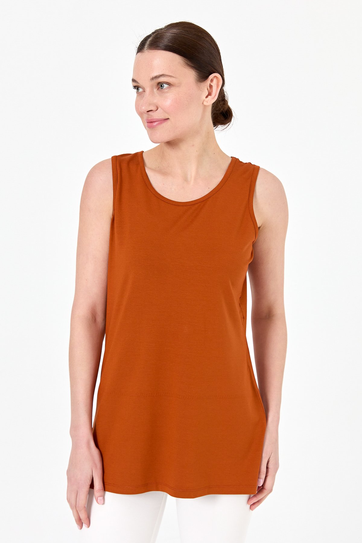 20868Kadın Askılı Penye T-shirt Taba