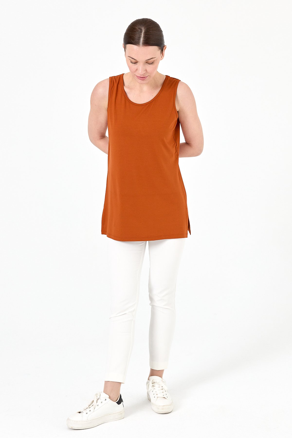 20868Kadın Askılı Penye T-shirt Taba