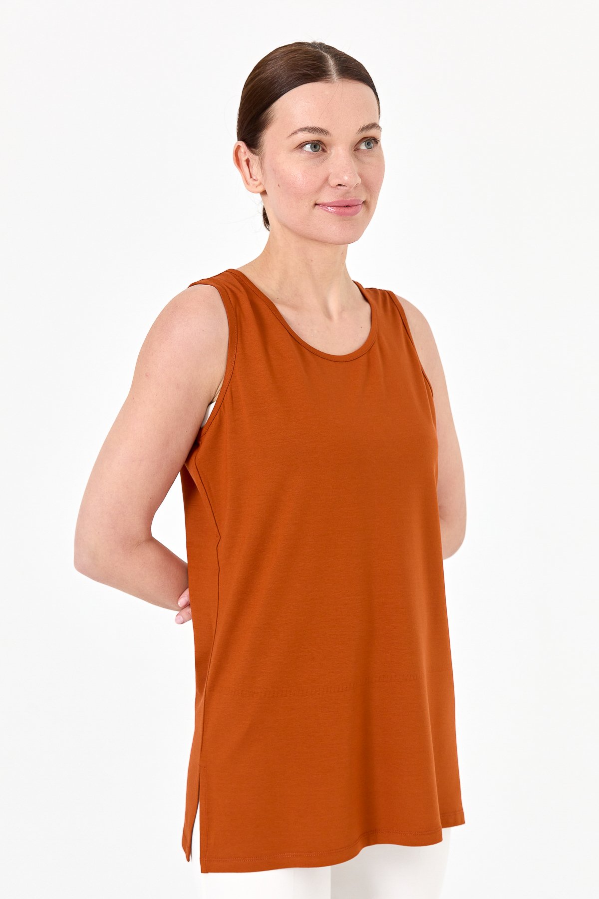 20868Kadın Askılı Penye T-shirt Taba