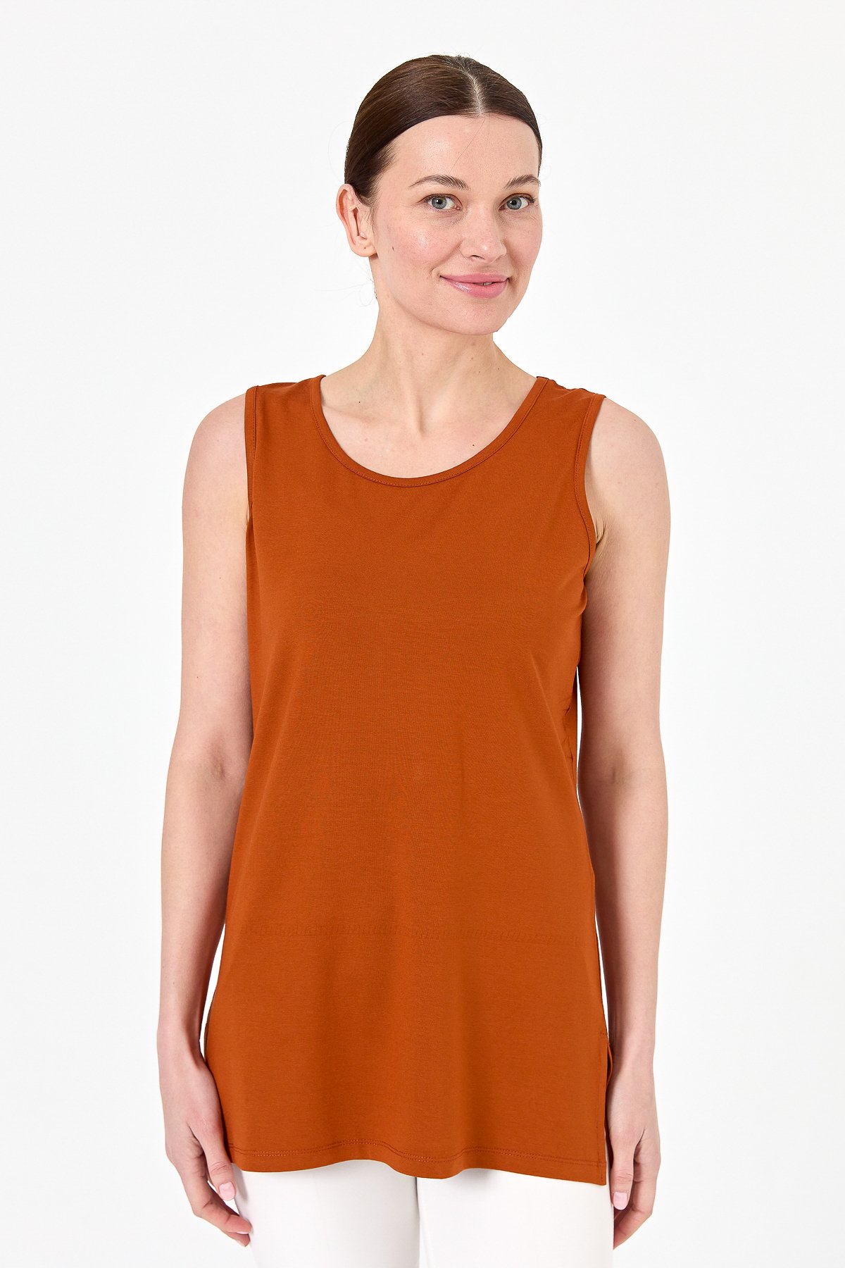 20868Kadın Askılı Penye T-shirt Taba