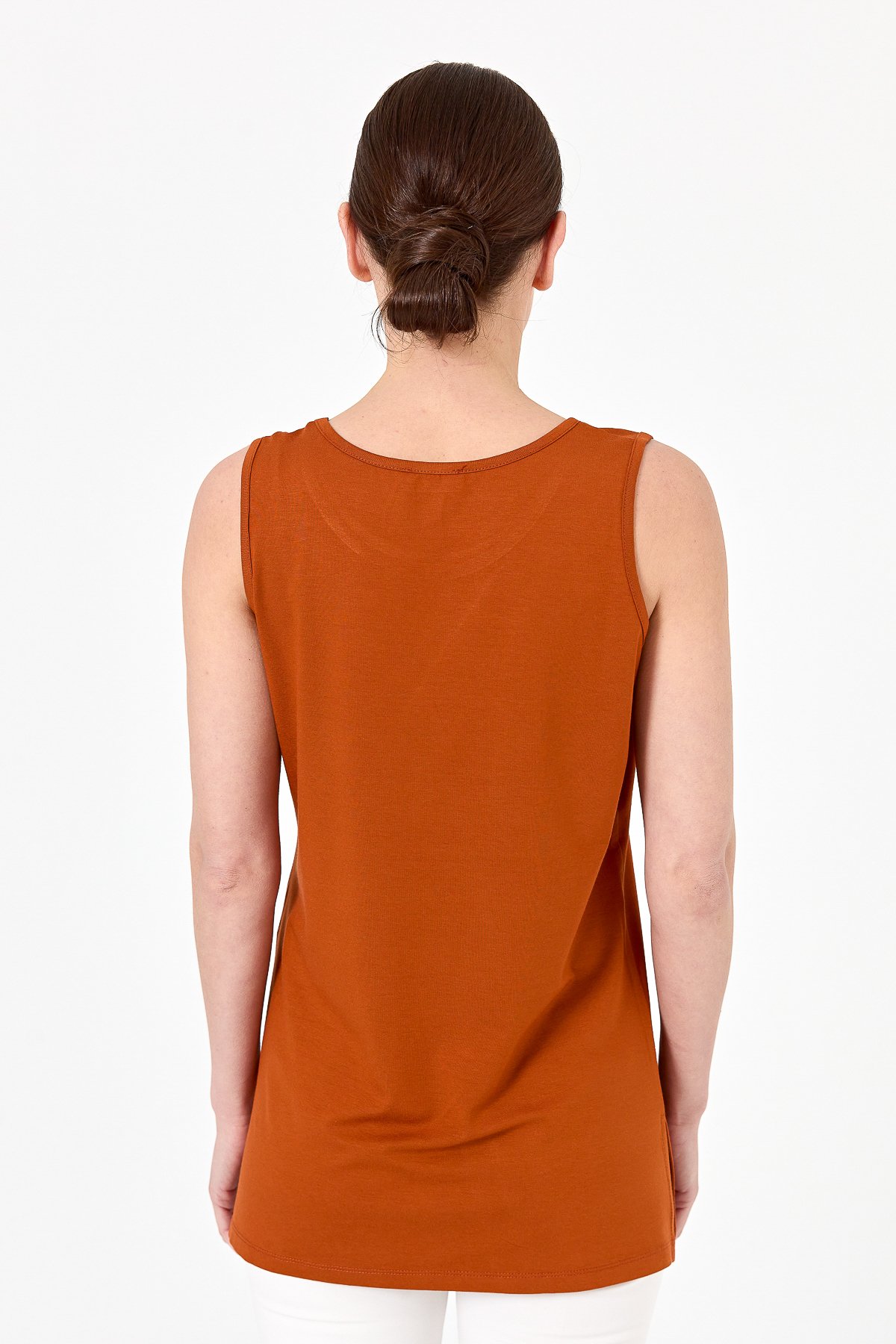 20868Kadın Askılı Penye T-shirt Taba