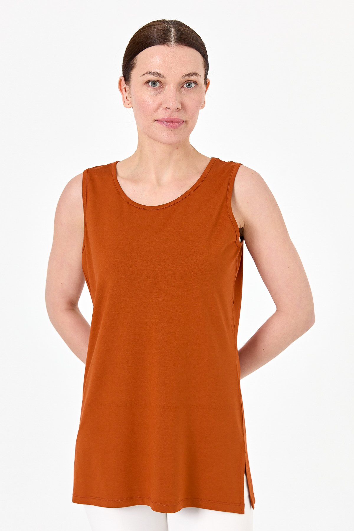 20868Kadın Askılı Penye T-shirt Taba