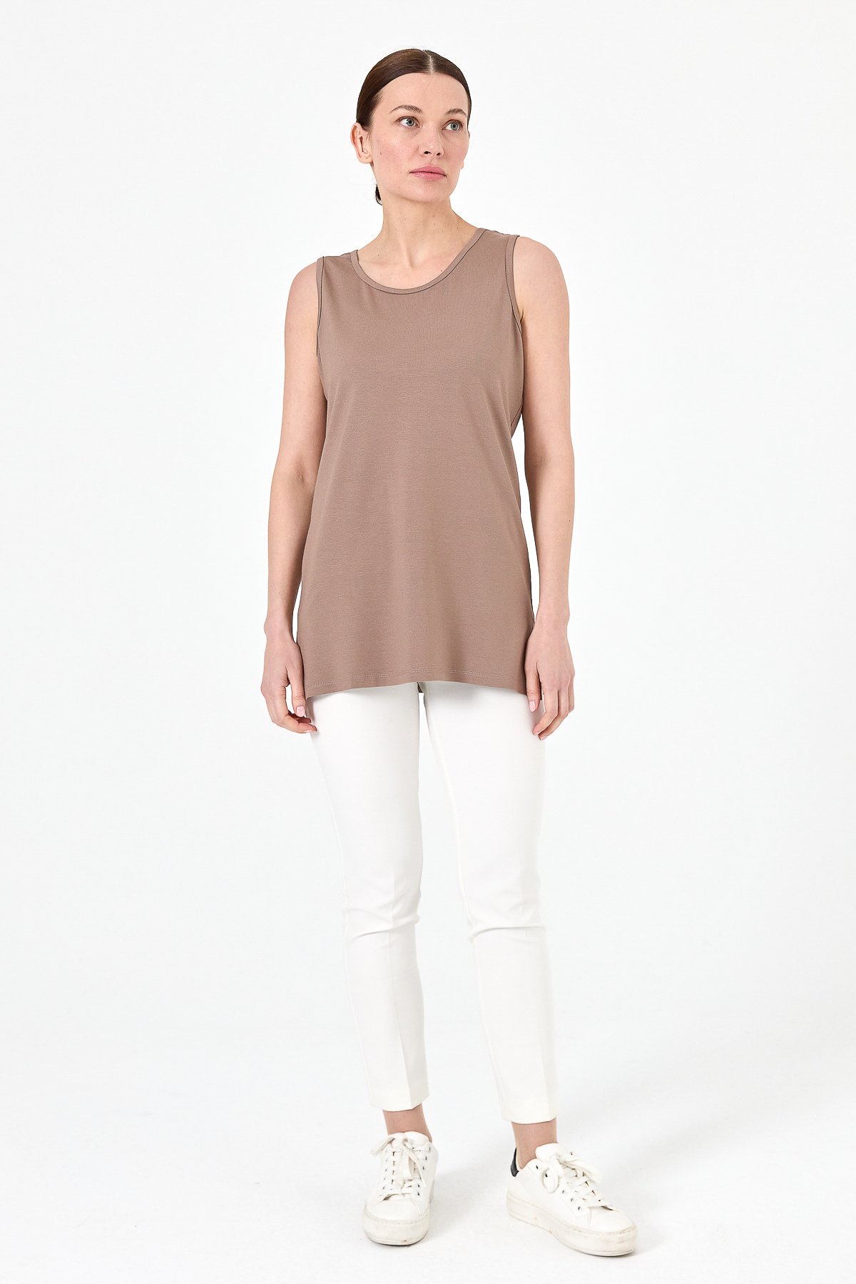 20868Kadın Askılı Penye T-shirt Vizon