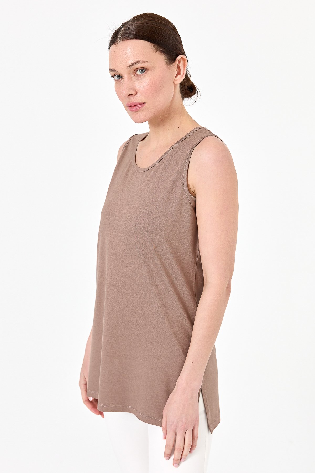 20868Kadın Askılı Penye T-shirt Vizon