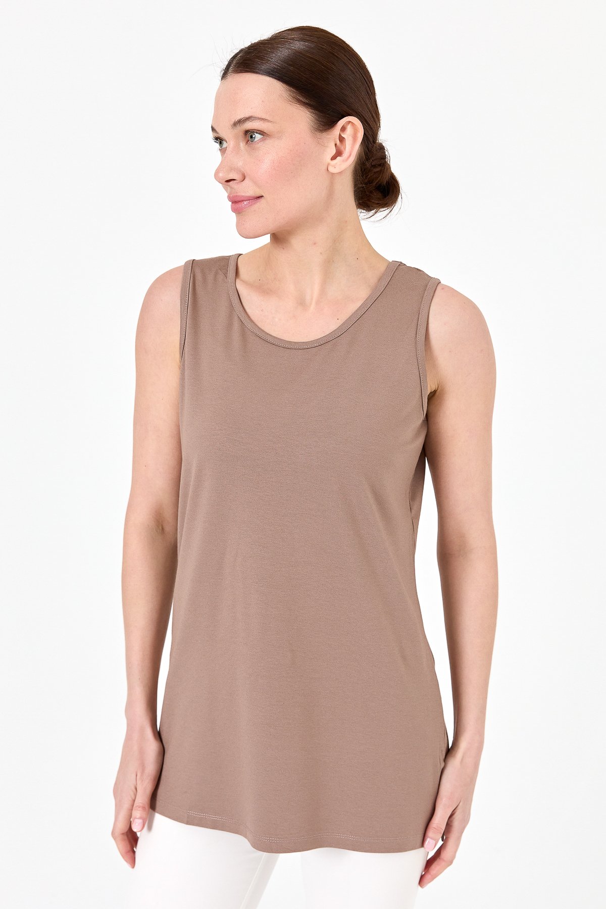 20868Kadın Askılı Penye T-shirt Vizon