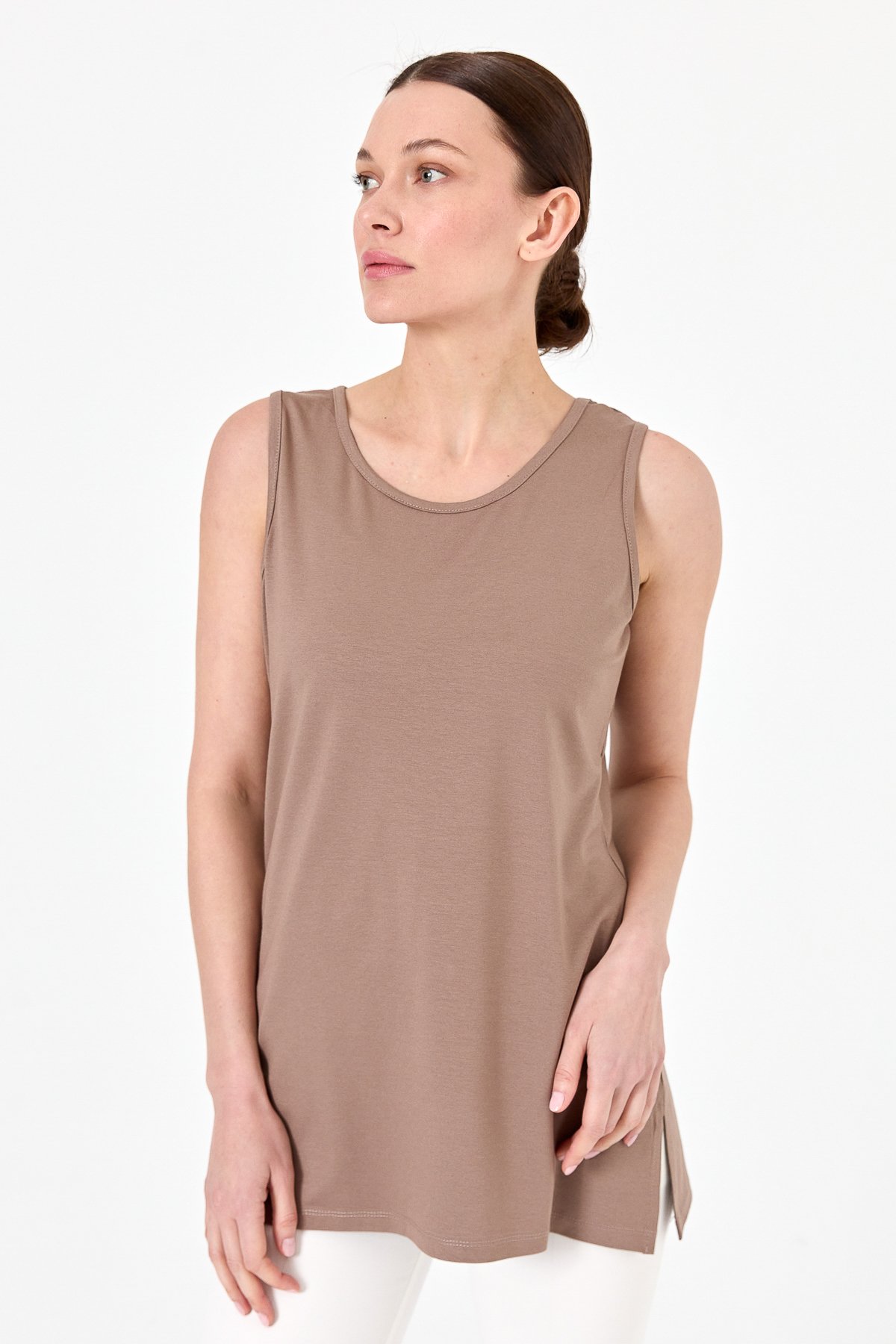 20868Kadın Askılı Penye T-shirt Vizon