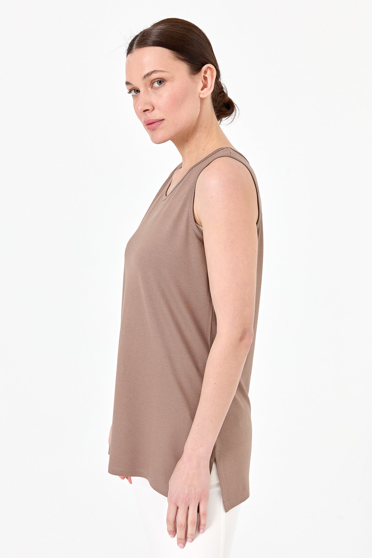 20868Kadın Askılı Penye T-shirt Vizon