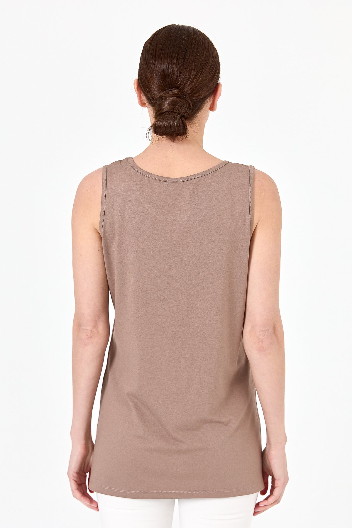 20868Kadın Askılı Penye T-shirt Vizon